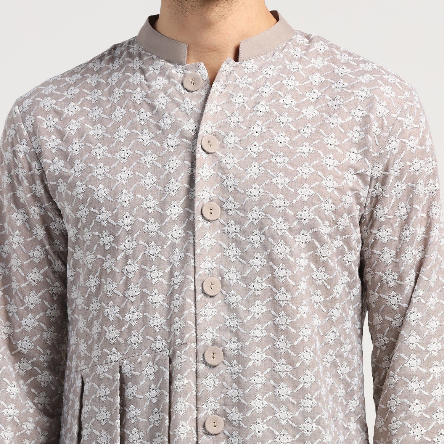 Taupe Schiffle Pleated Kurta for Men-4
