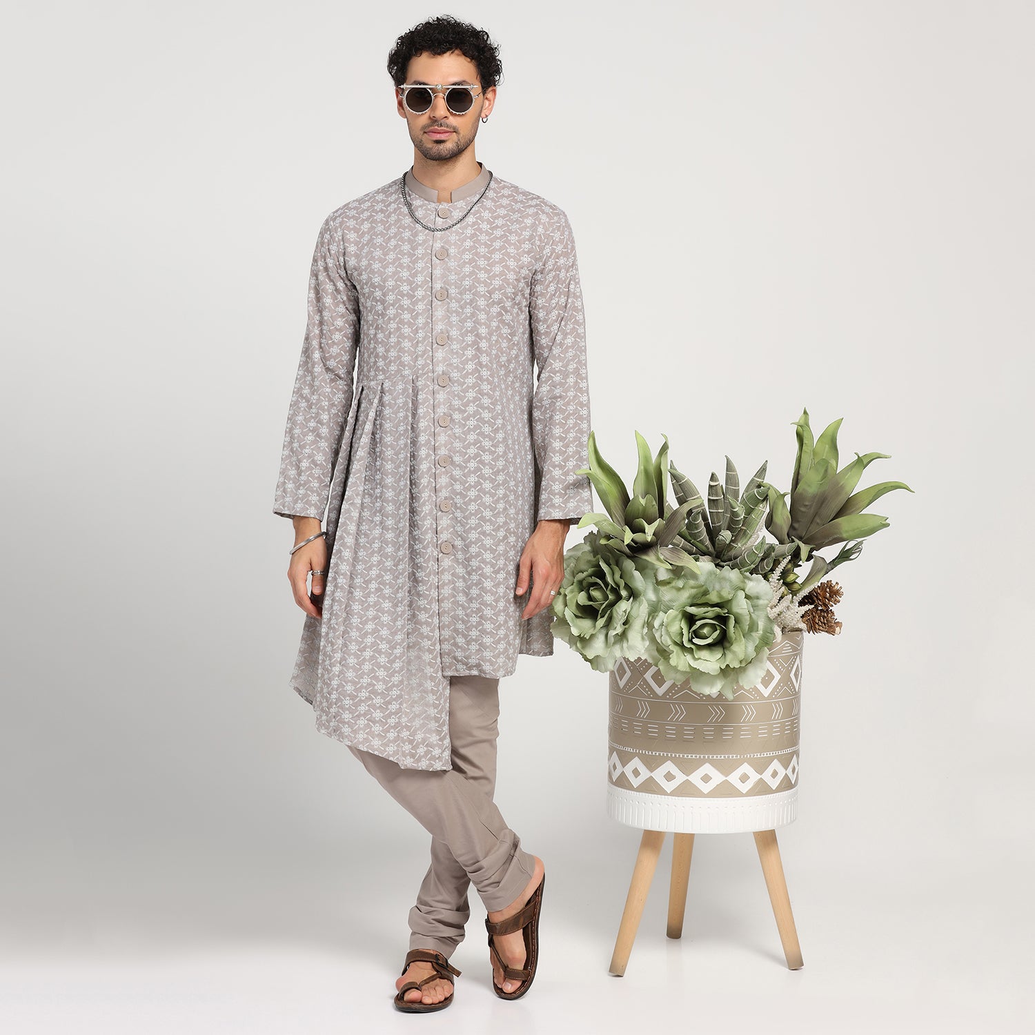 Taupe Schiffle Pleated Kurta for Men
