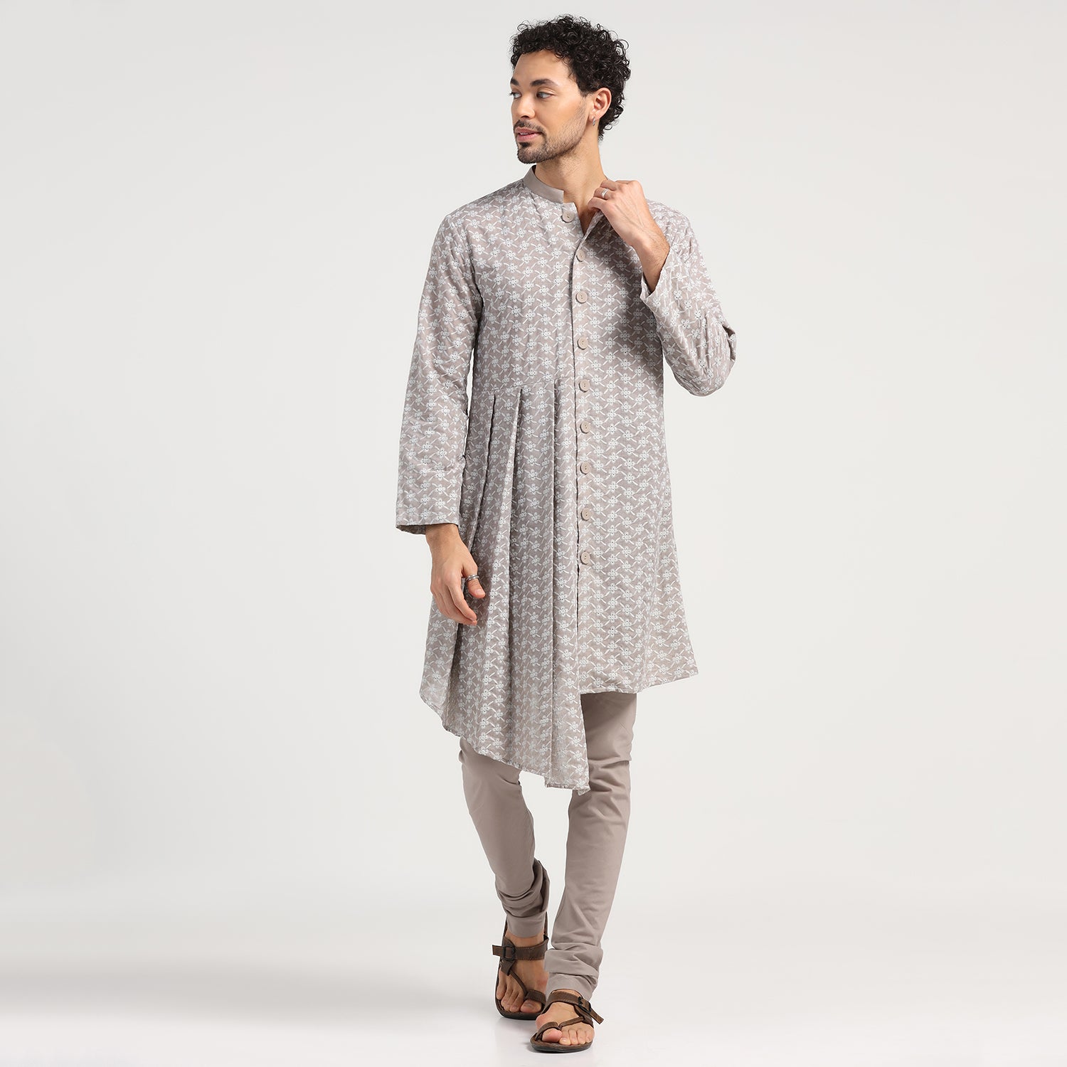 Taupe Schiffle Pleated Kurta for Men-1