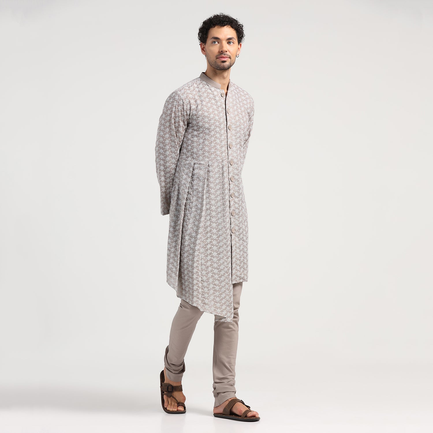 Taupe Schiffle Pleated Kurta for Men-2