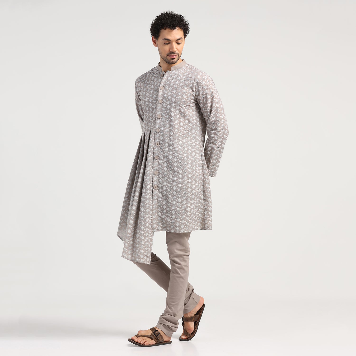 Taupe Schiffle Pleated Kurta for Men-3