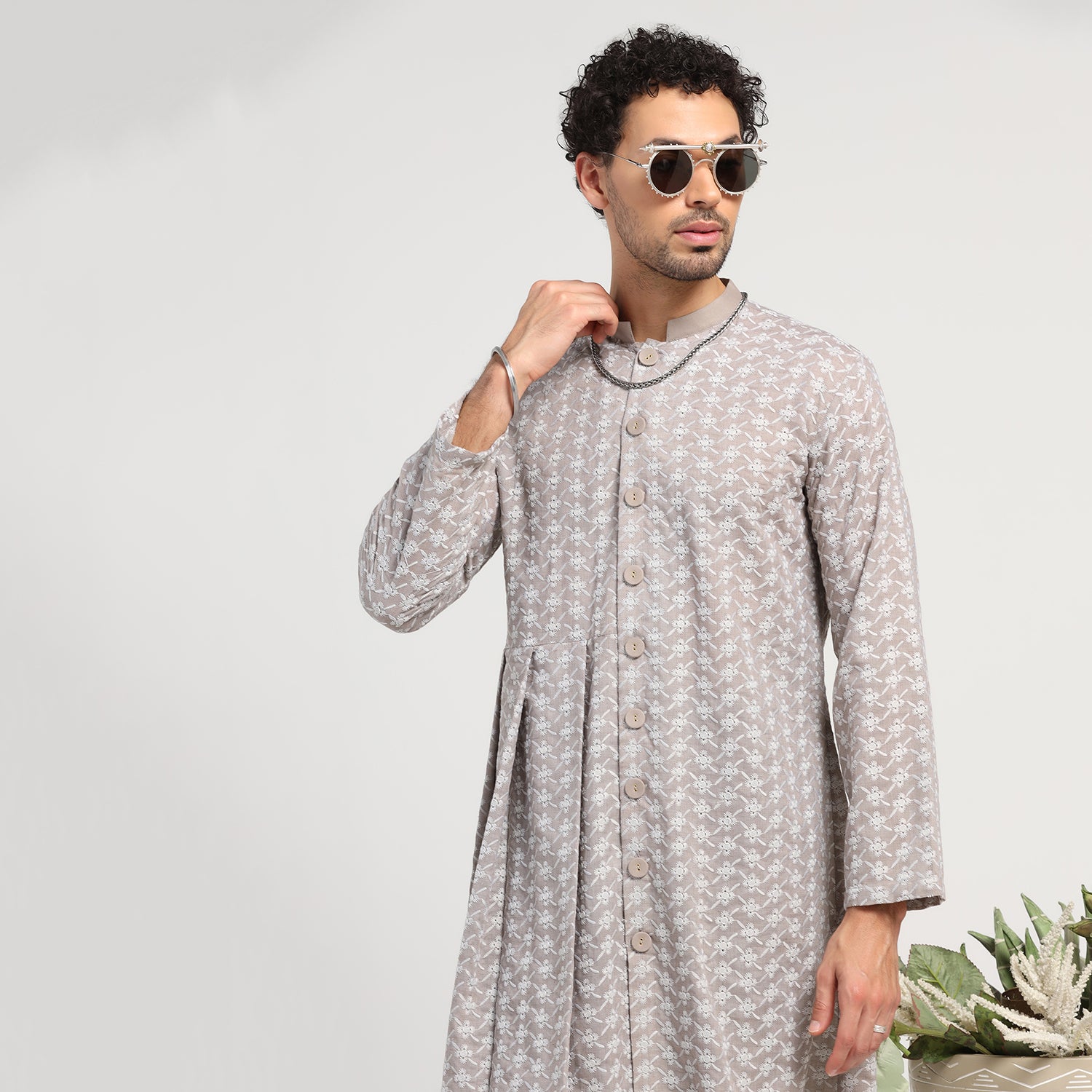 Taupe Schiffle Pleated Kurta for Men-6