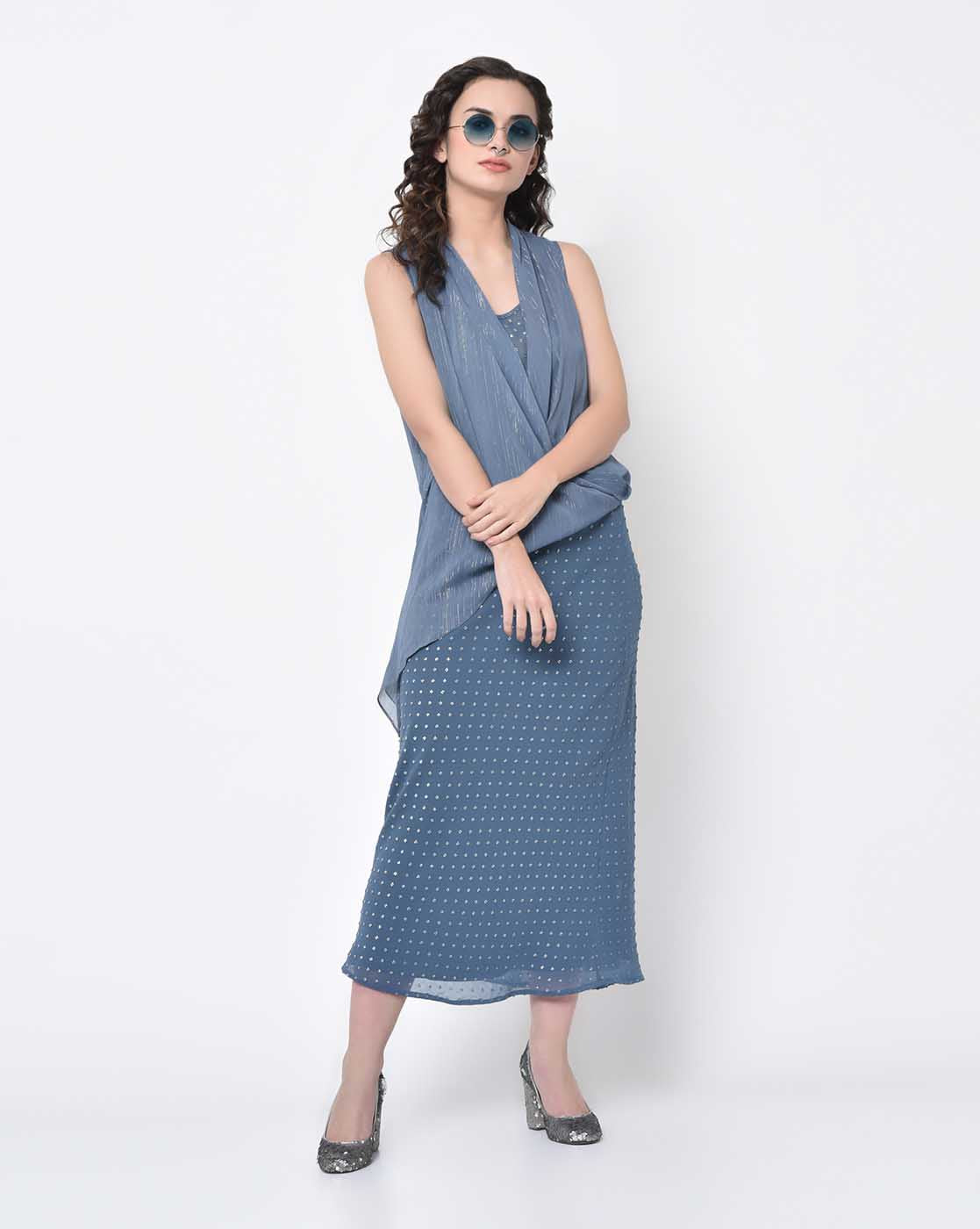 Silver Dot Stone Blue Bias Skirt for Ladies -5