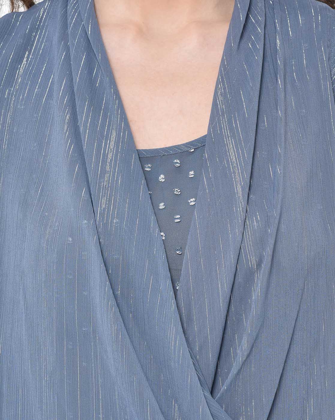 Stone Blue Drape Top With Lurex