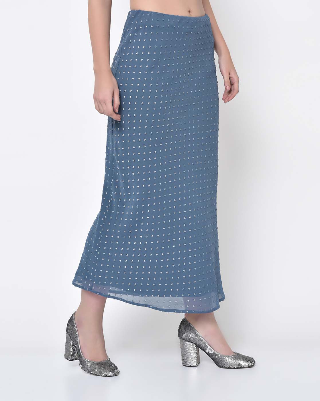 Silver Dot Stone Blue Bias Skirt for Ladies -2