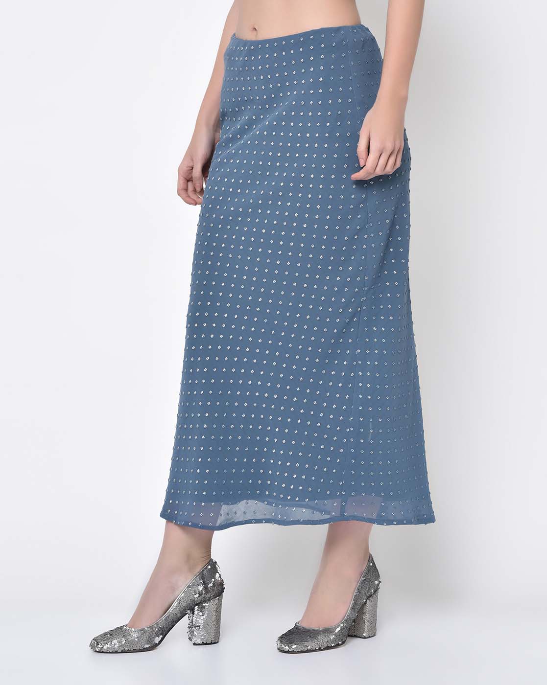 Silver Dot Stone Blue Bias Skirt for Ladies -3