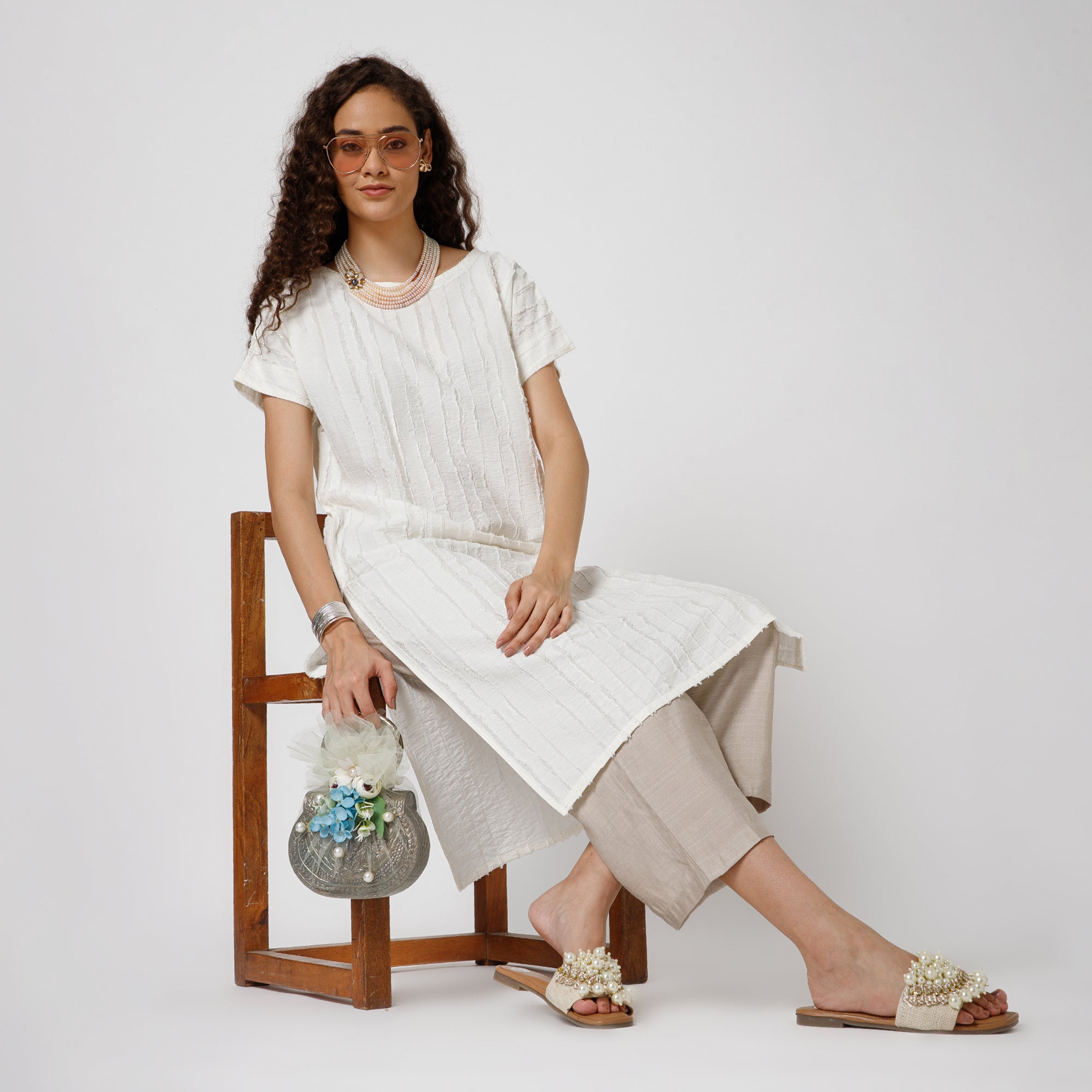 Off White Patch Textured Kurta