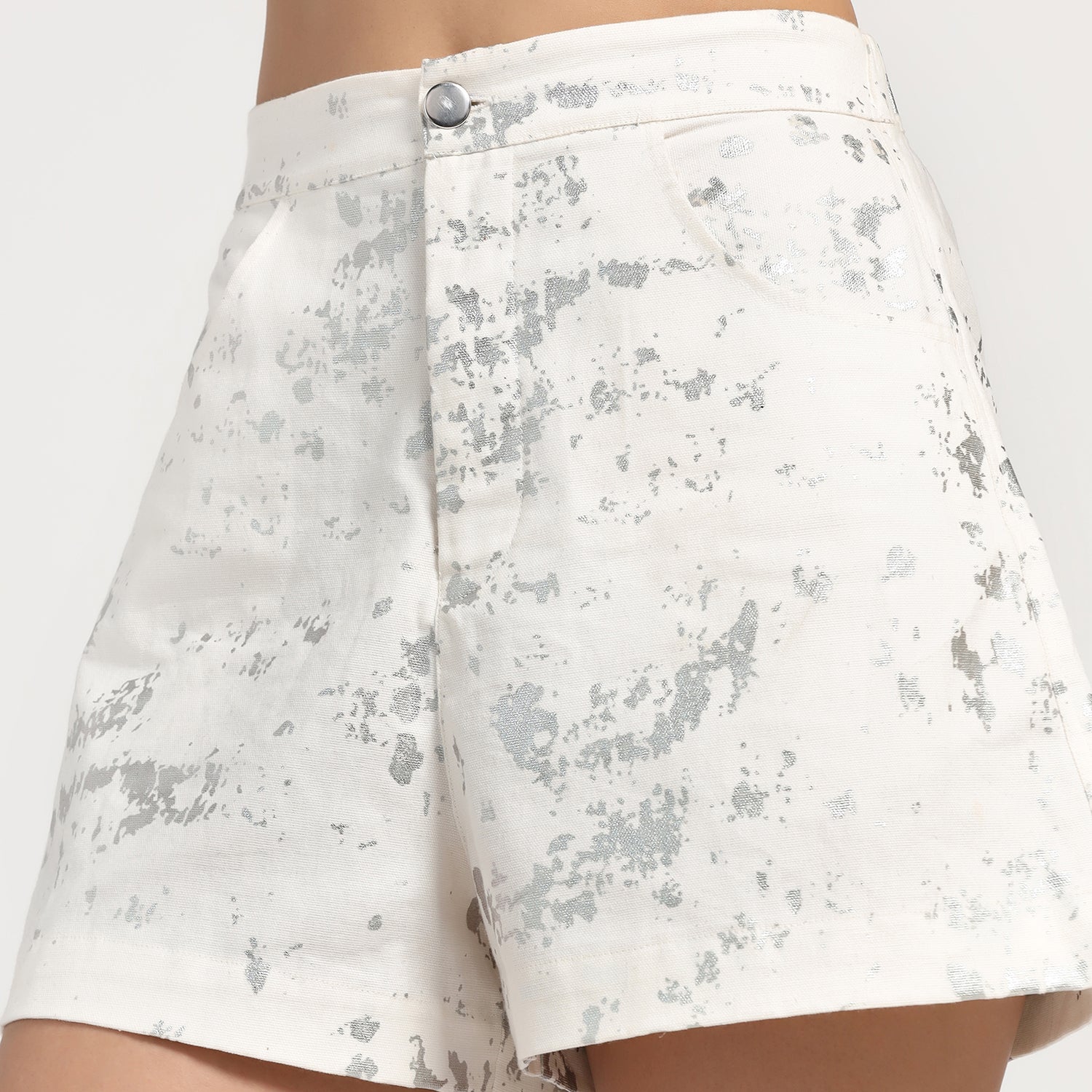 White Canvas Foil Shorts for Women-1