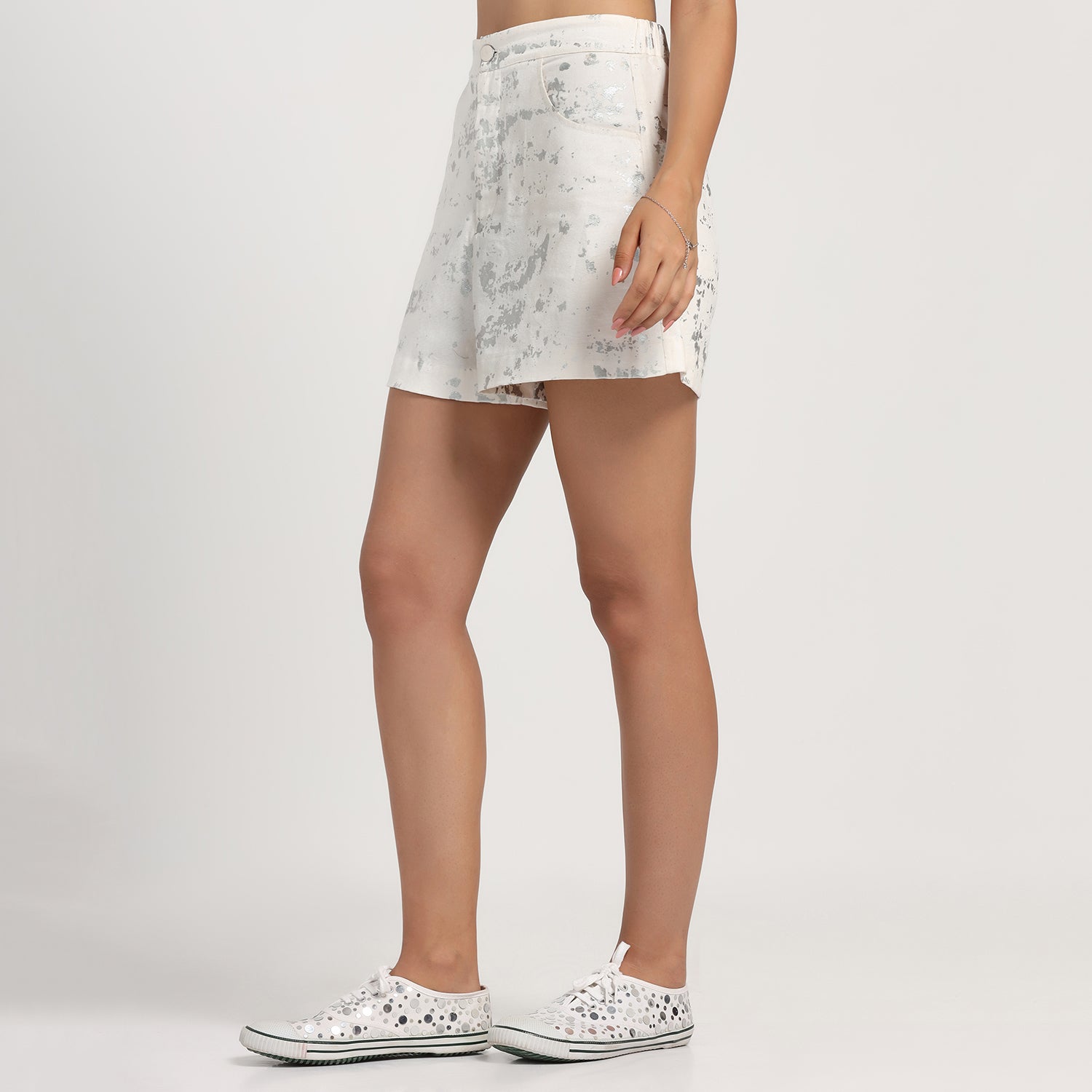White Canvas Foil Shorts for Women-3
