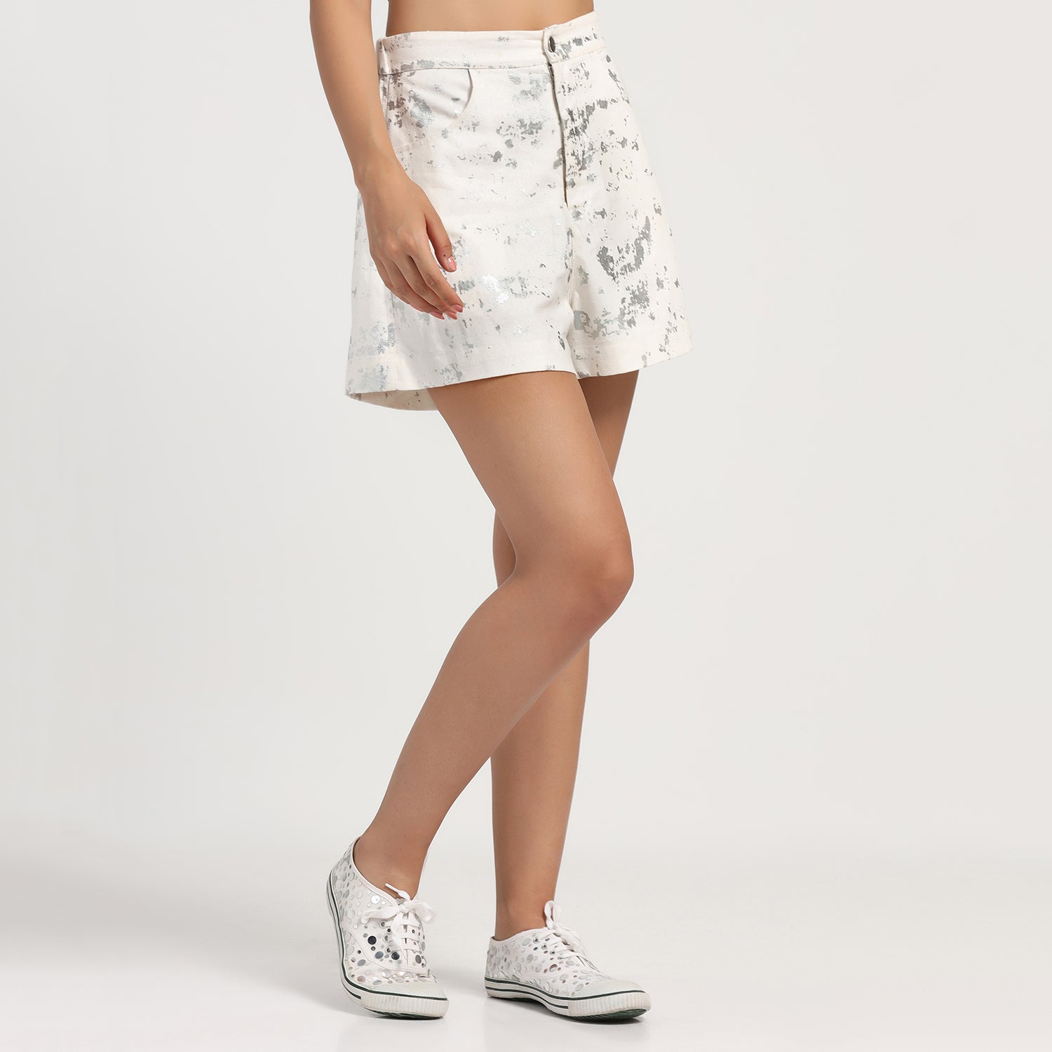 White Canvas Foil Shorts for Women-4