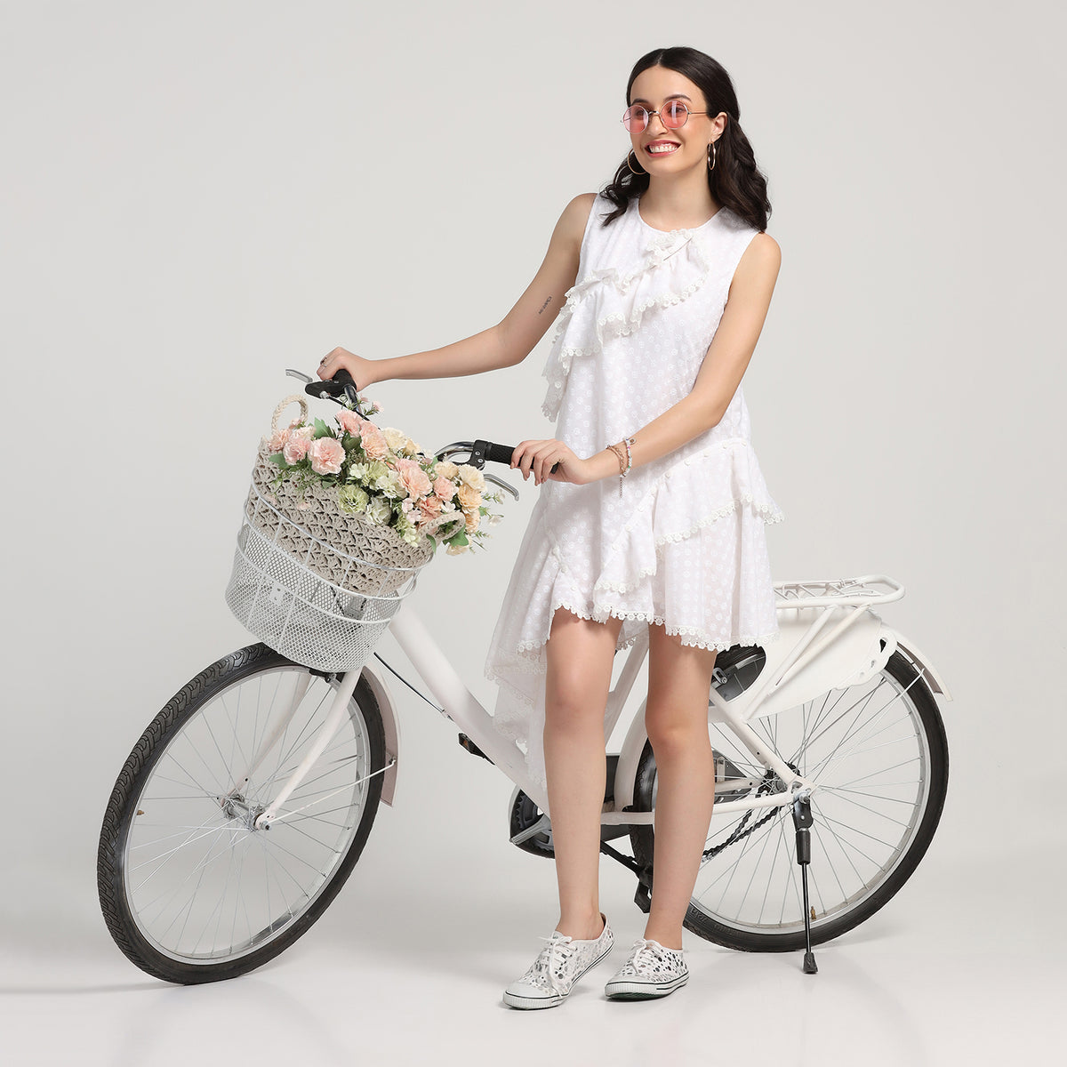 Buy White Asymmetrical Schiffli Dress with Ruffle Details – LELA By Varija