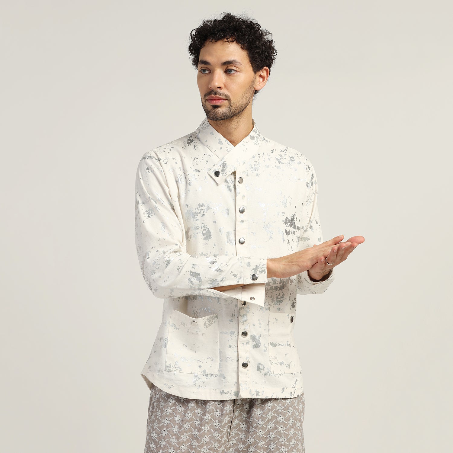White Silver Overlap Foil Jacket for Men
