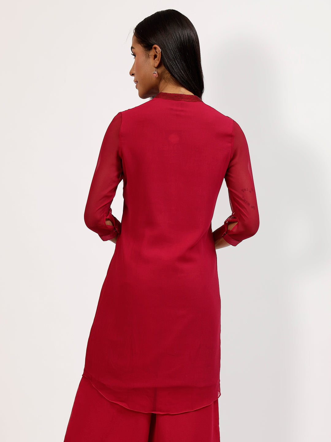 Pink Georgette Tunic With Rose Embroidery At The Neck