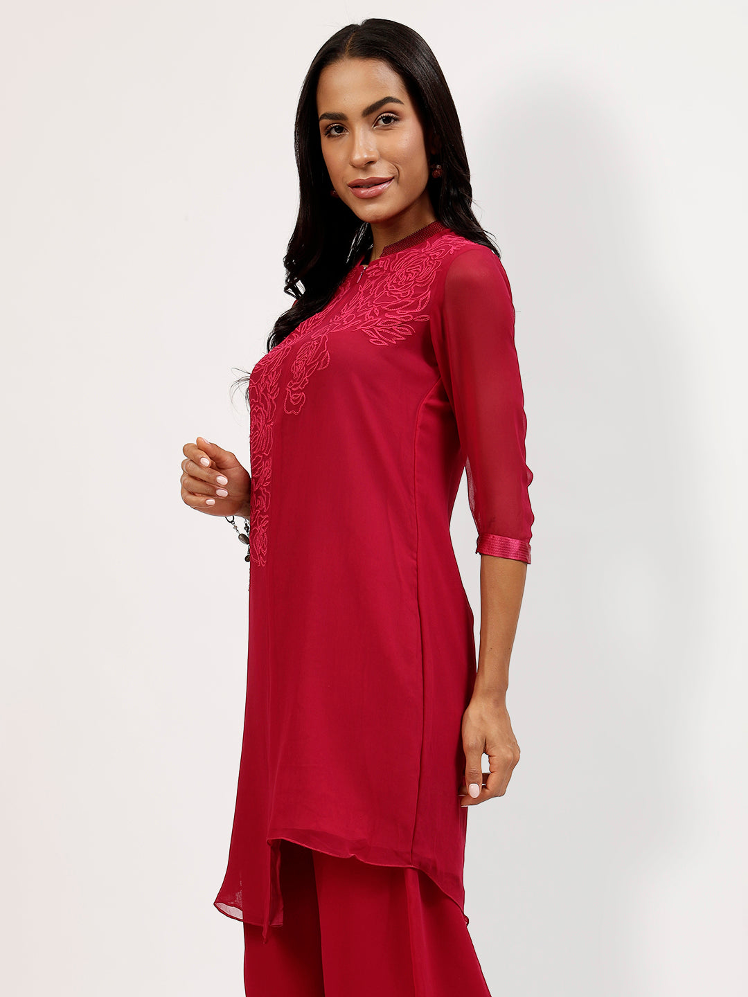 Pink Georgette Tunic With Rose Embroidery At The Neck