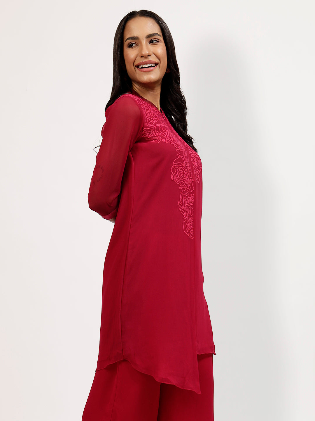 Pink Georgette Tunic With Rose Embroidery At The Neck