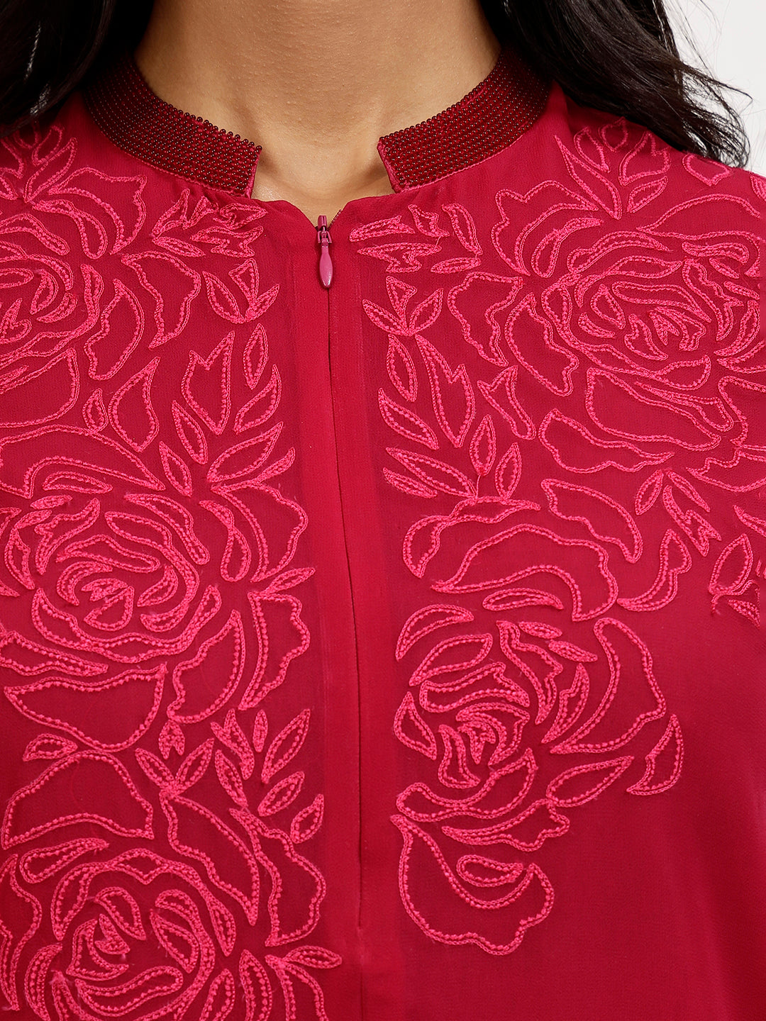 Pink Georgette Tunic With Rose Embroidery At The Neck