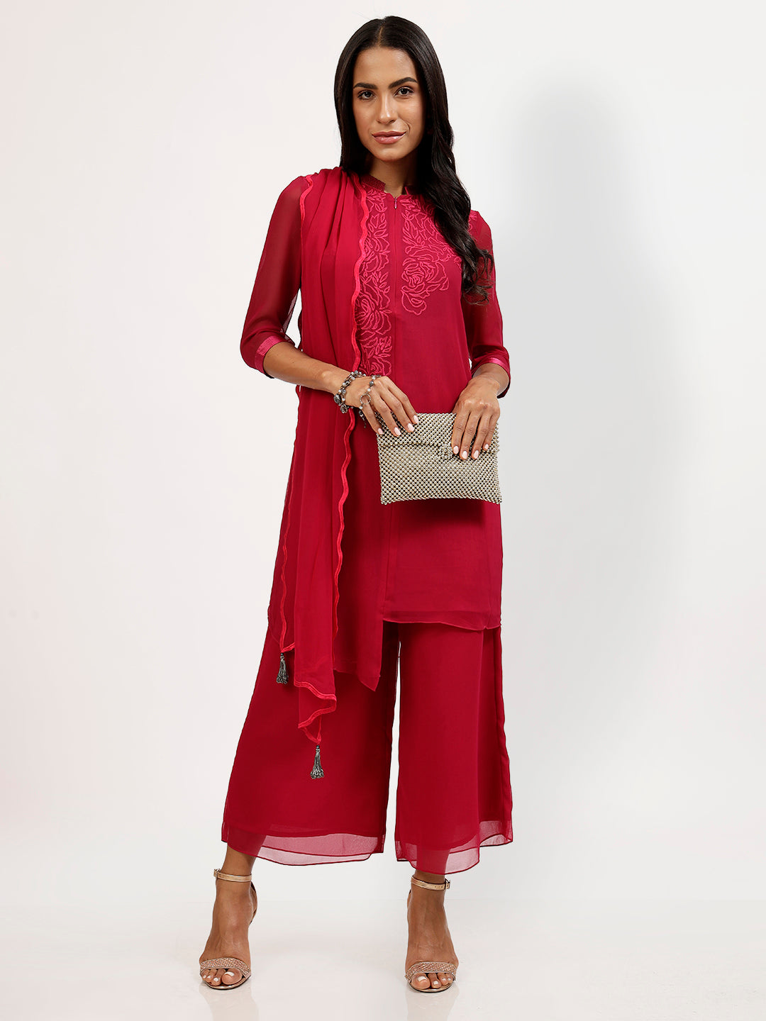 Pink Georgette Tunic With Rose Embroidery At The Neck
