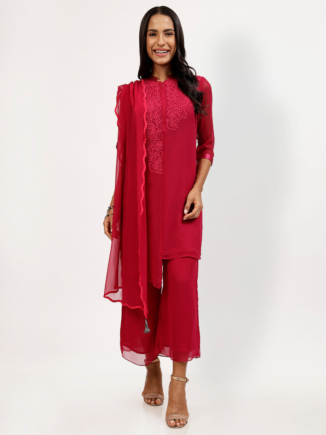 Pink Georgette Tunic With Rose Embroidery At The Neck