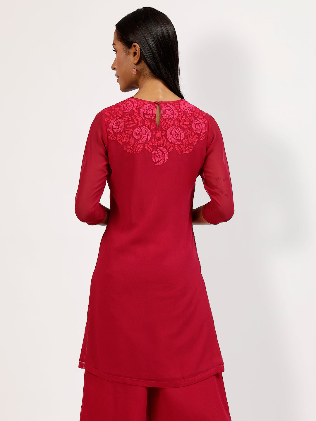 Pink Georgette Tunic With Rose Embroidery At The Neck