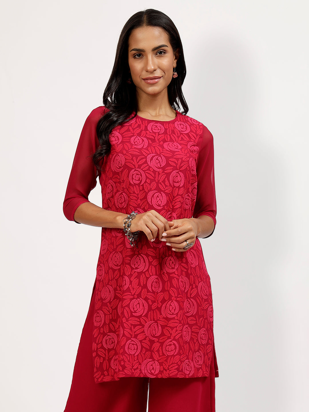 Pink Georgette Tunic With Rose Embroidery At The Neck