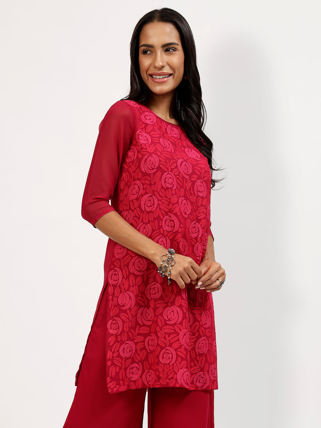 Pink Georgette Tunic With Rose Embroidery At The Neck