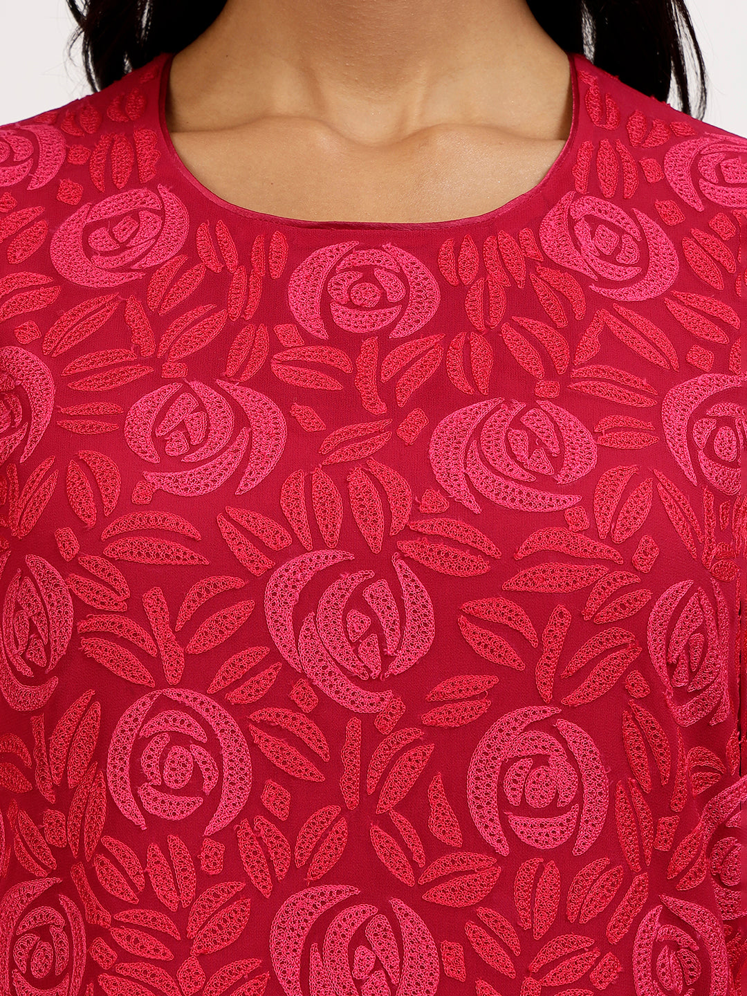 Pink Georgette Tunic With Rose Embroidery At The Neck
