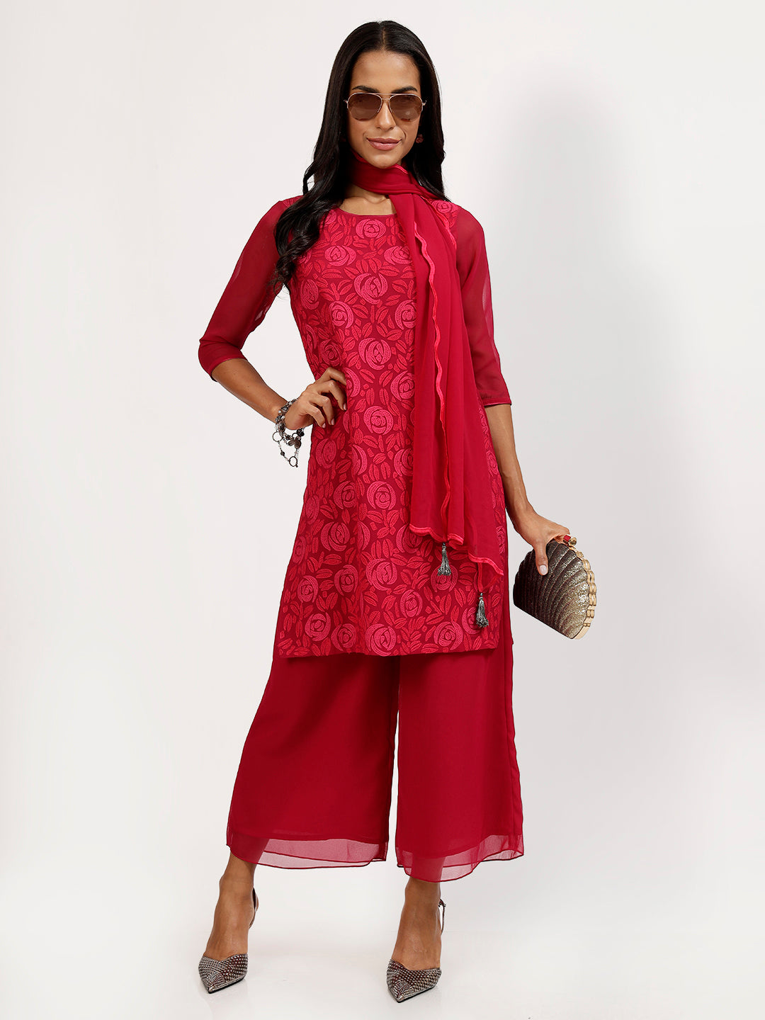 Pink Georgette Tunic With Rose Embroidery At The Neck