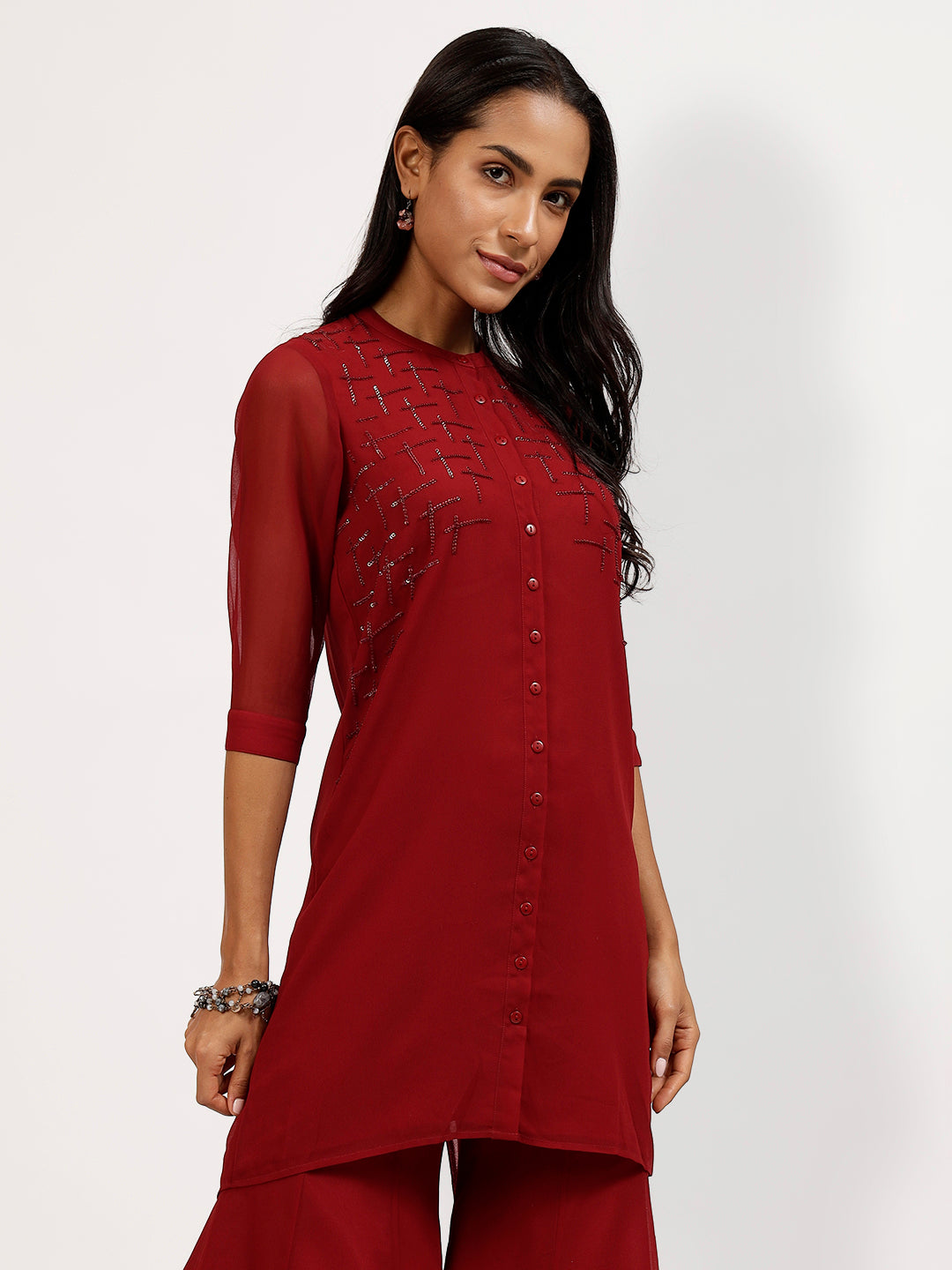 Maroon Embroidered Tunic With Asymmetrical Back