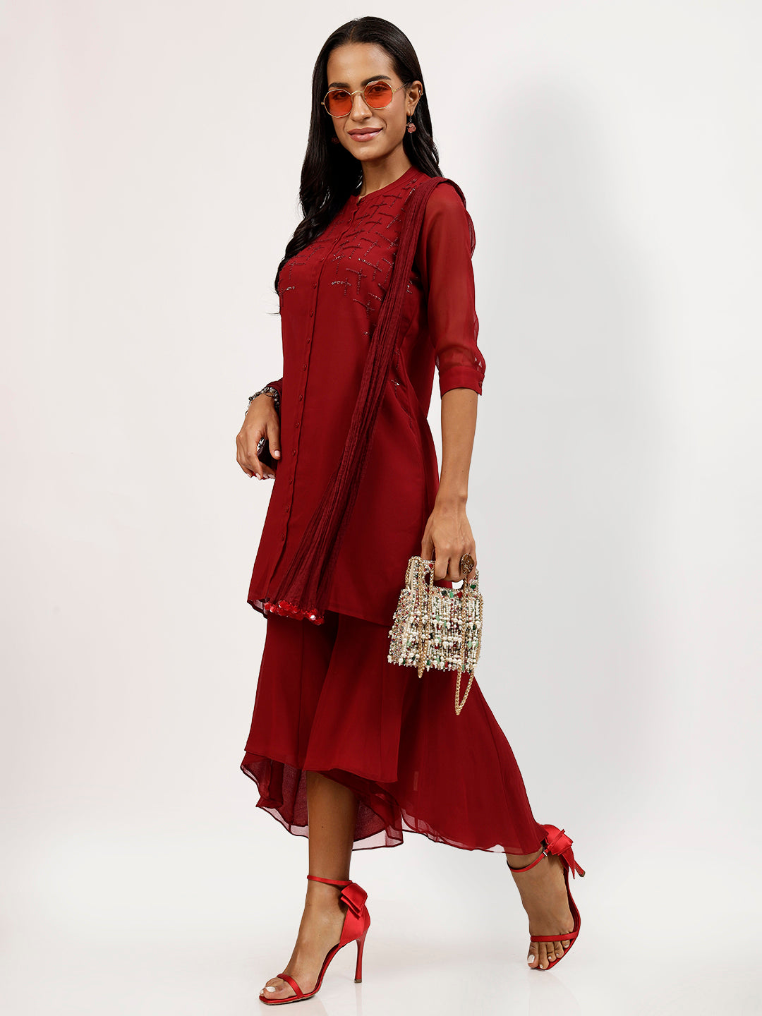 Maroon Embroidered Tunic With Asymmetrical Back