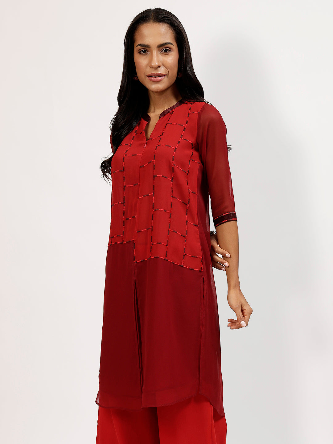 Red-Maroon With Tunic With Patch Work At Front