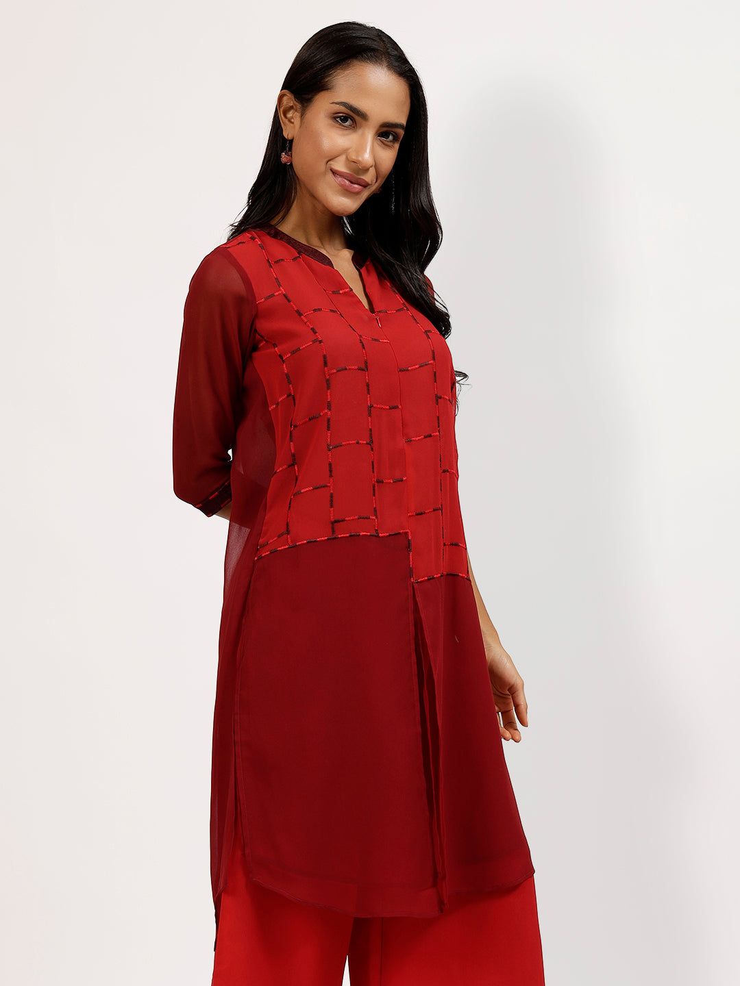 Red-Maroon With Tunic With Patch Work At Front