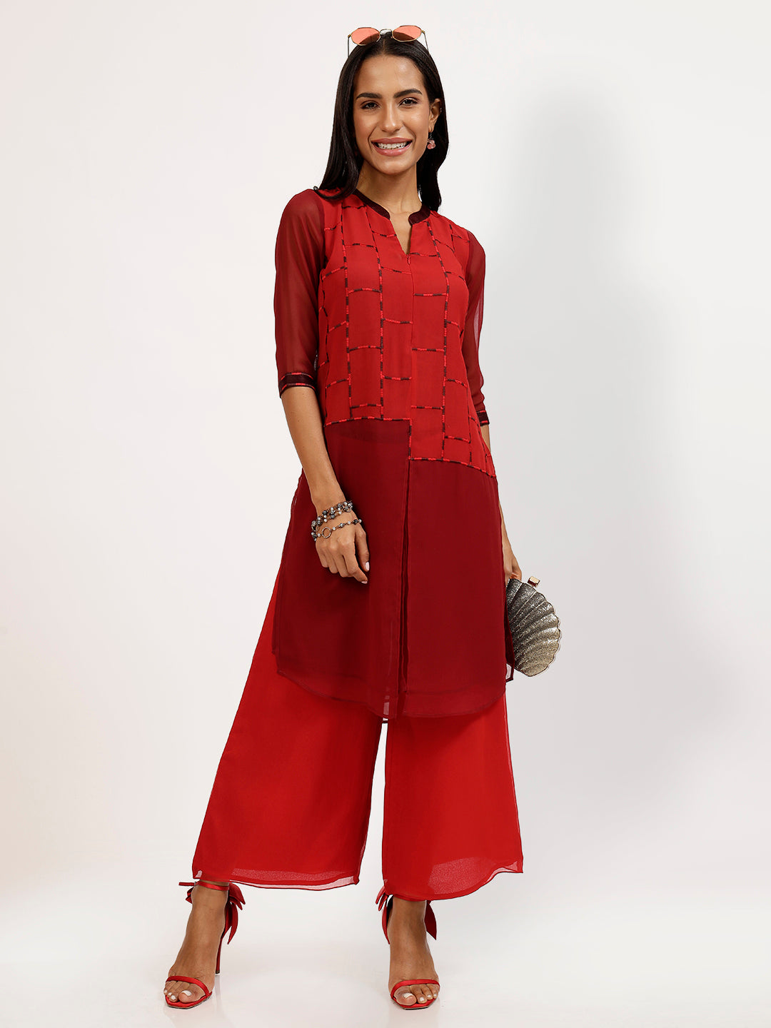 Red-Maroon With Tunic With Patch Work At Front