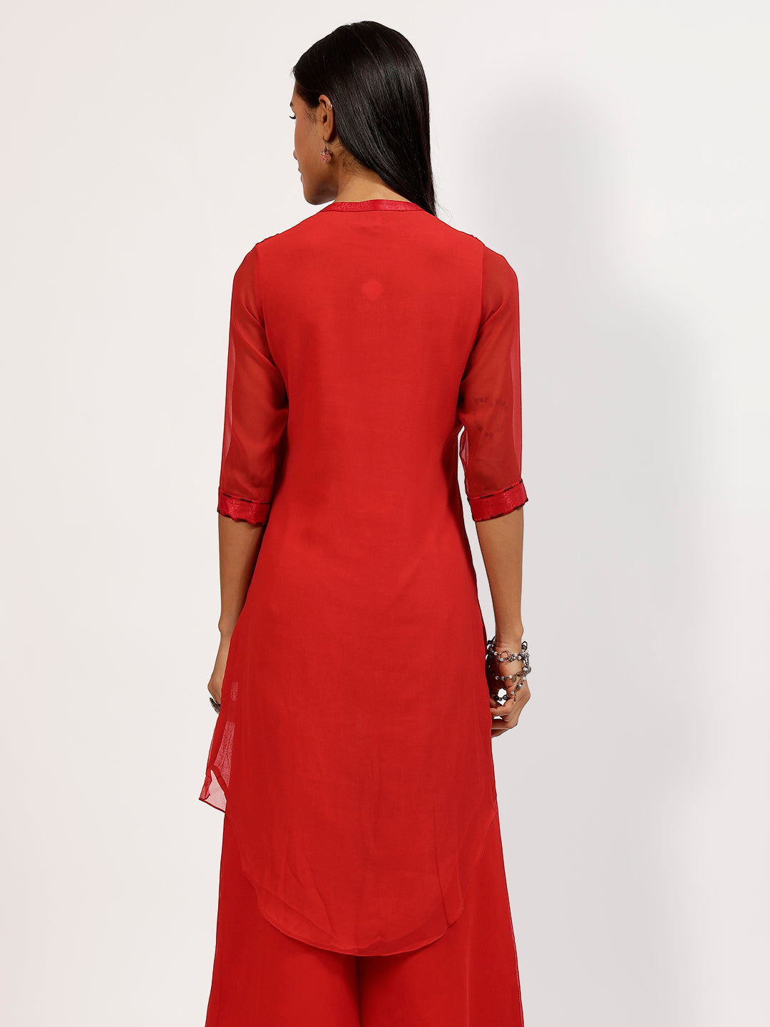 Red Georgette Asymmetrical Satin Patch Embroidery Tunic