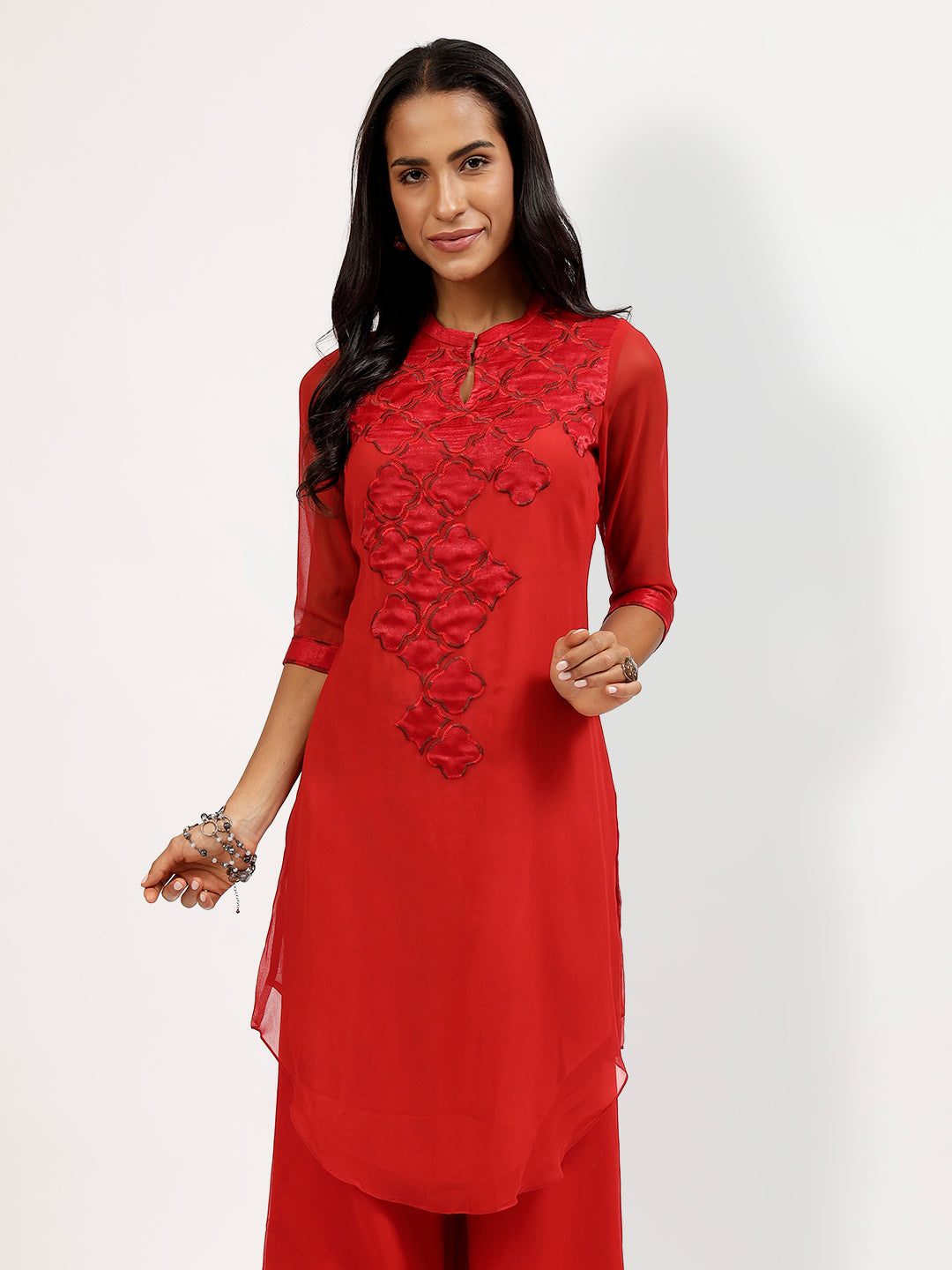 Red Georgette Asymmetrical Satin Patch Embroidery Tunic