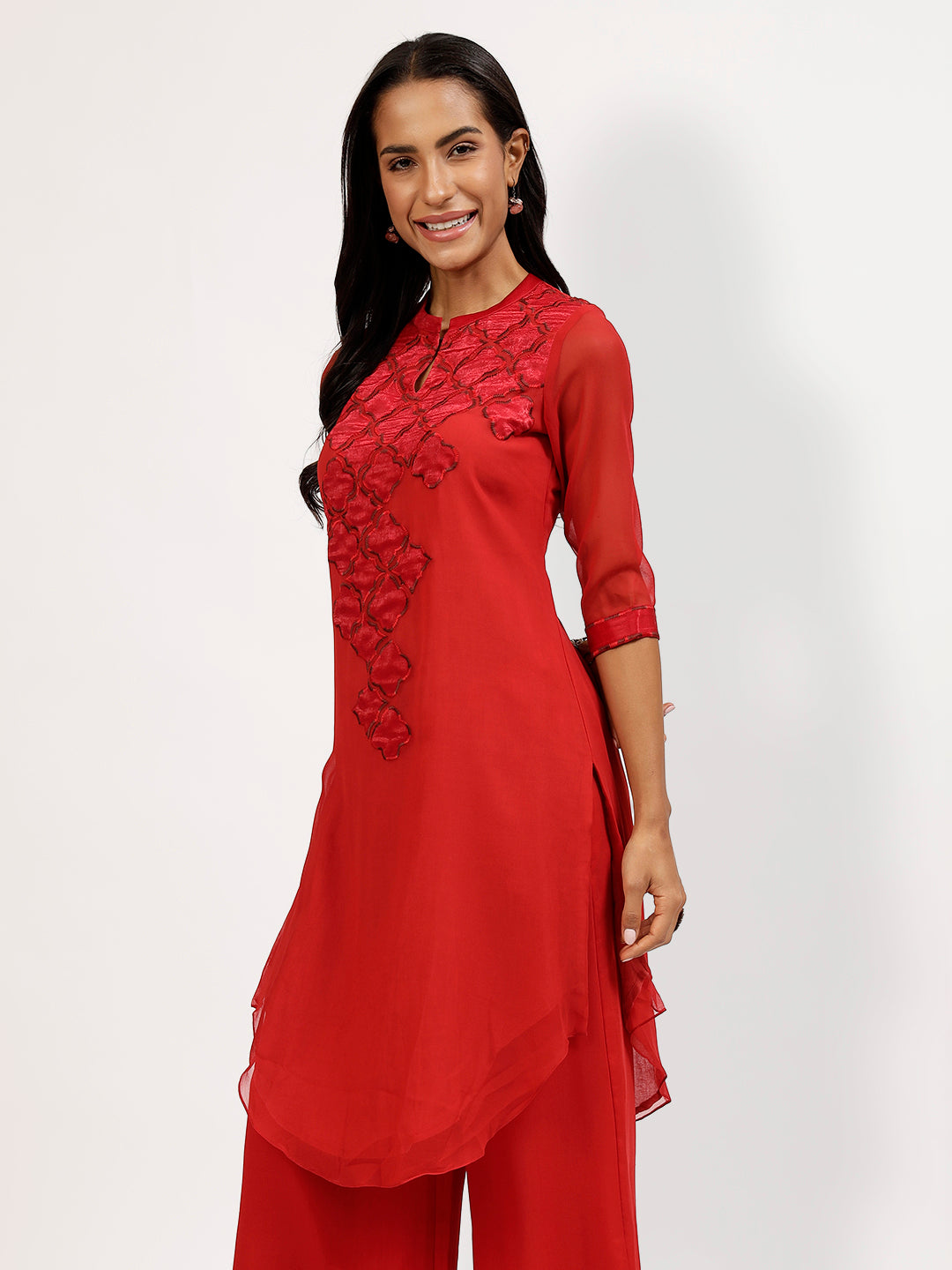 Red Georgette Asymmetrical Satin Patch Embroidery Tunic