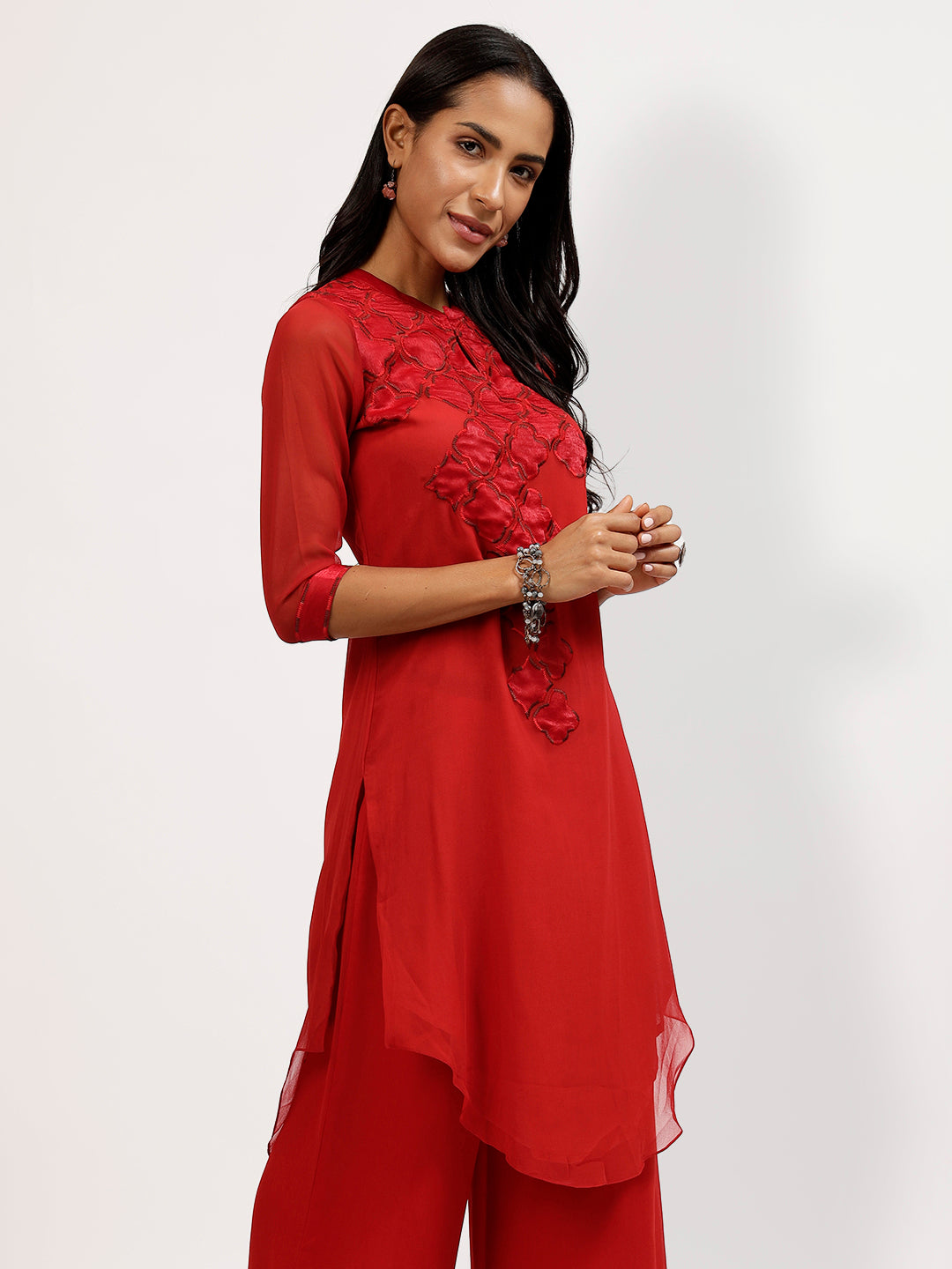 Red Georgette Asymmetrical Satin Patch Embroidery Tunic