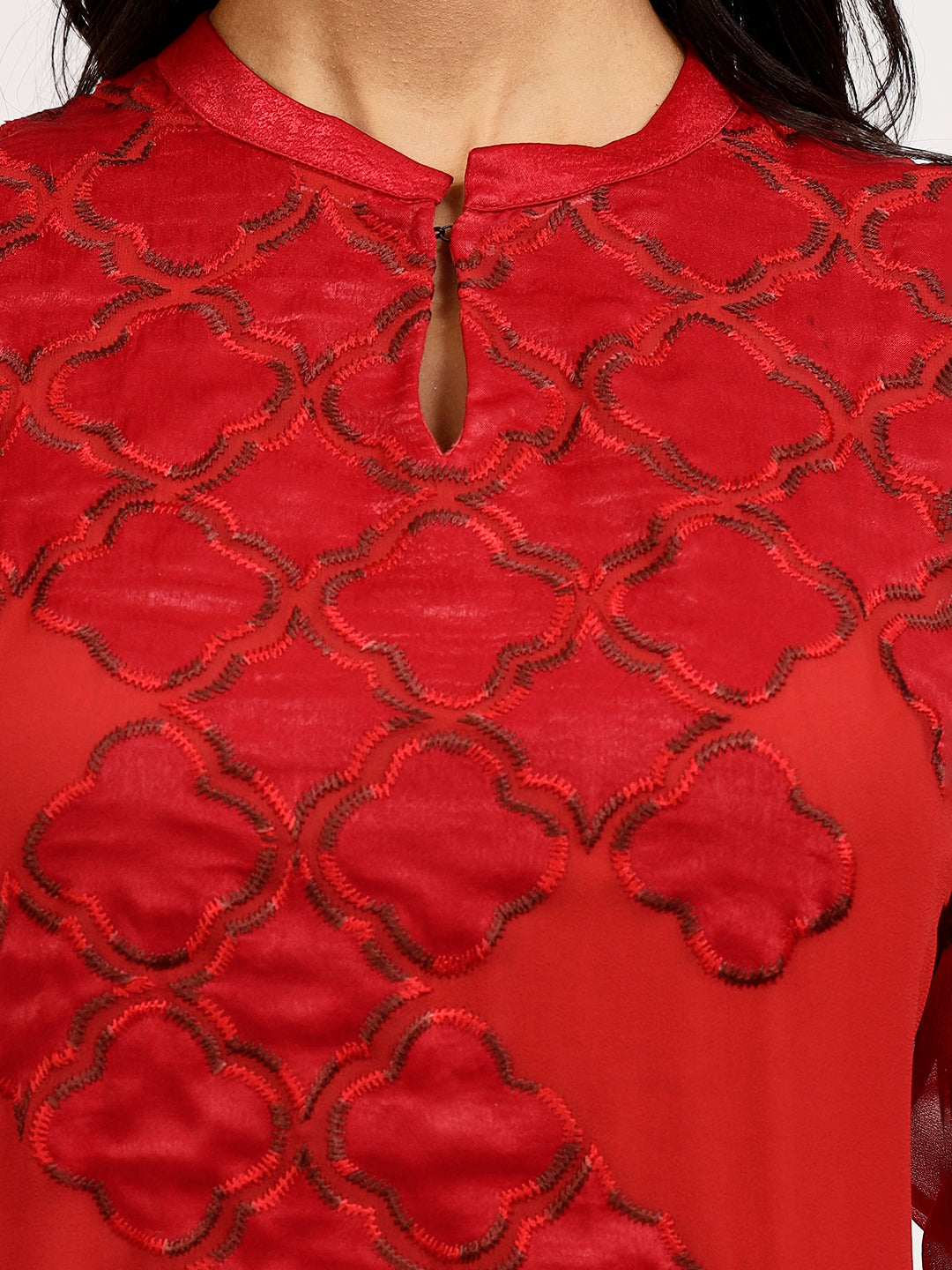 Red Georgette Asymmetrical Satin Patch Embroidery Tunic