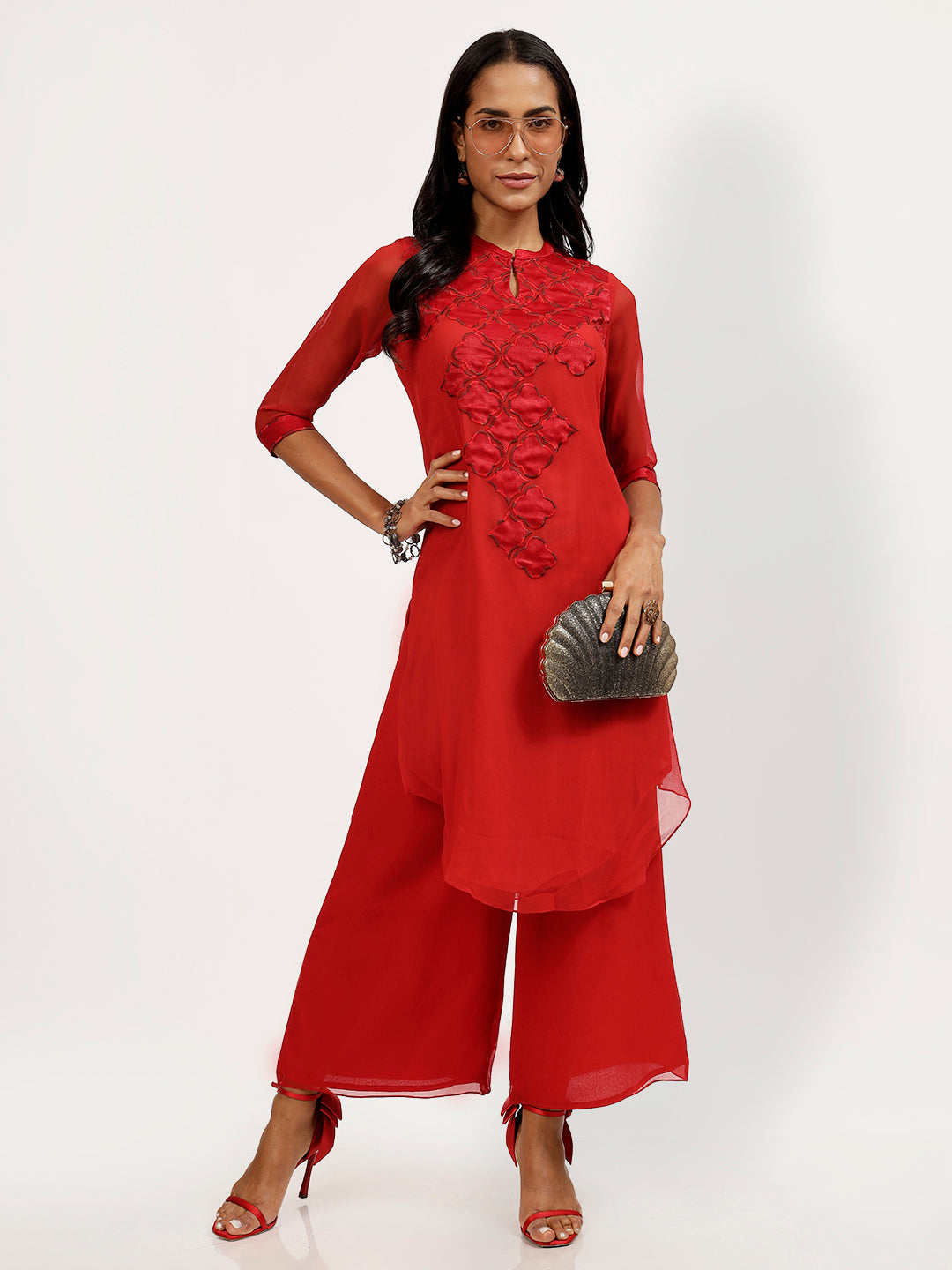 Red Georgette Asymmetrical Satin Patch Embroidery Tunic