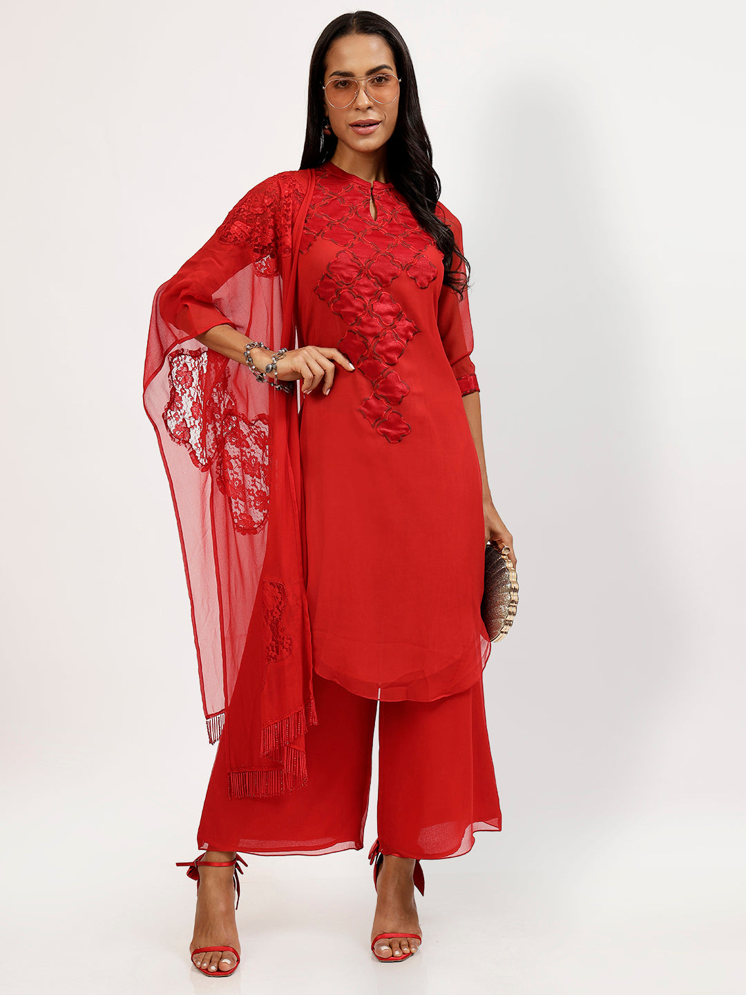 Red Georgette Asymmetrical Satin Patch Embroidery Tunic
