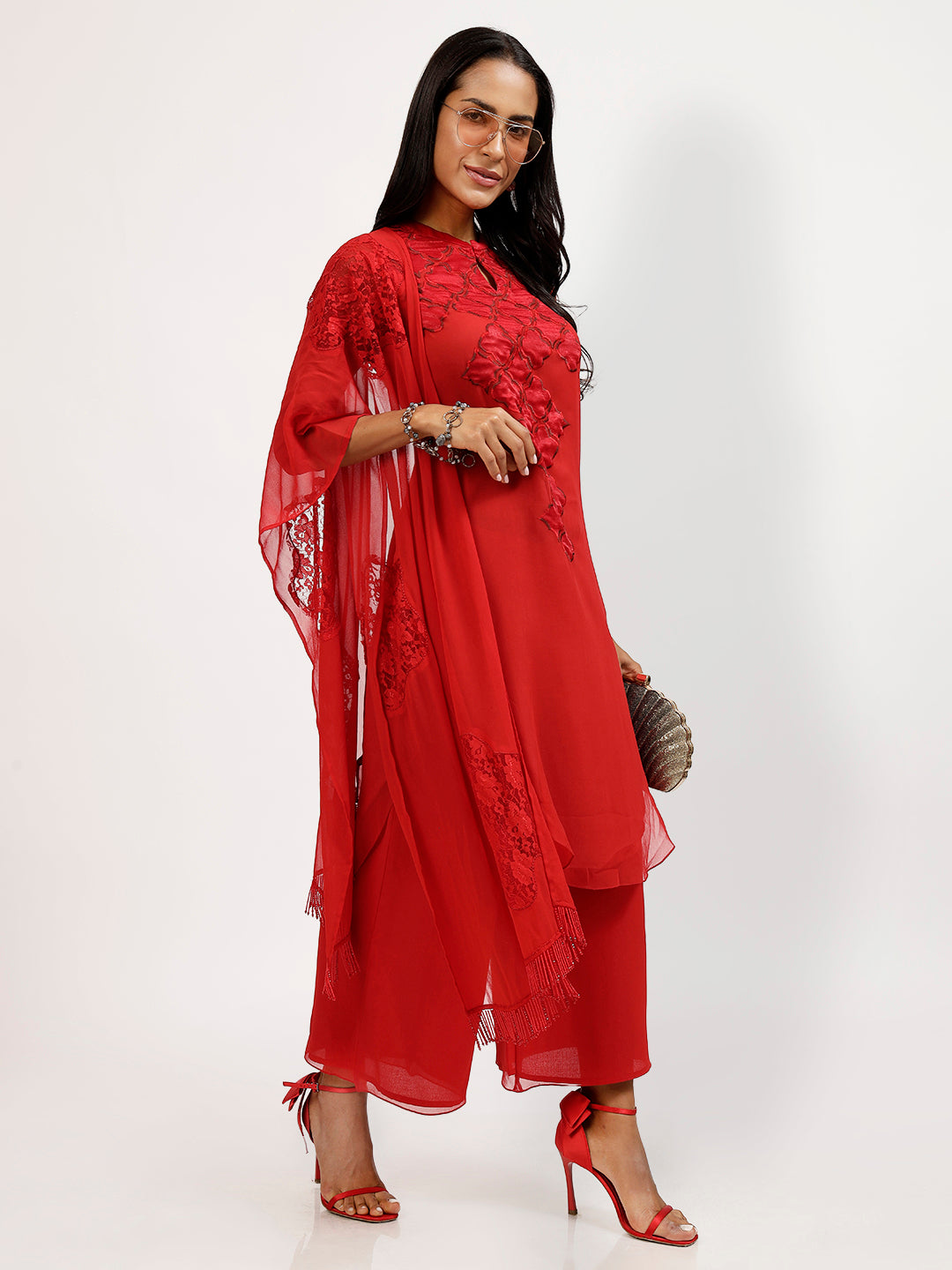 Red Georgette Stole With Red Flower Net Patch
