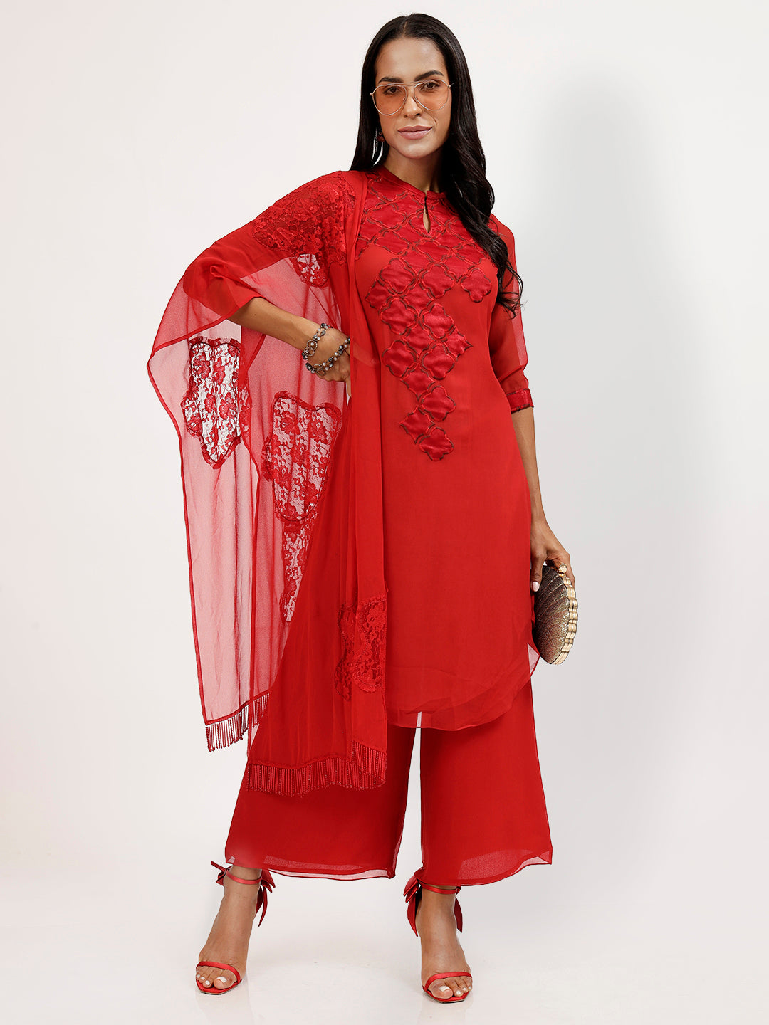 Red Georgette Stole With Red Flower Net Patch