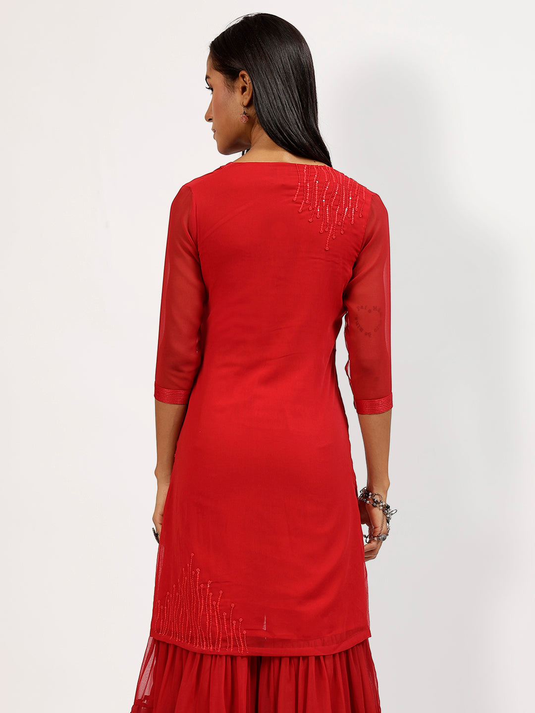 Red Georgette Kurti With Asymmetrical Lines Embroidery