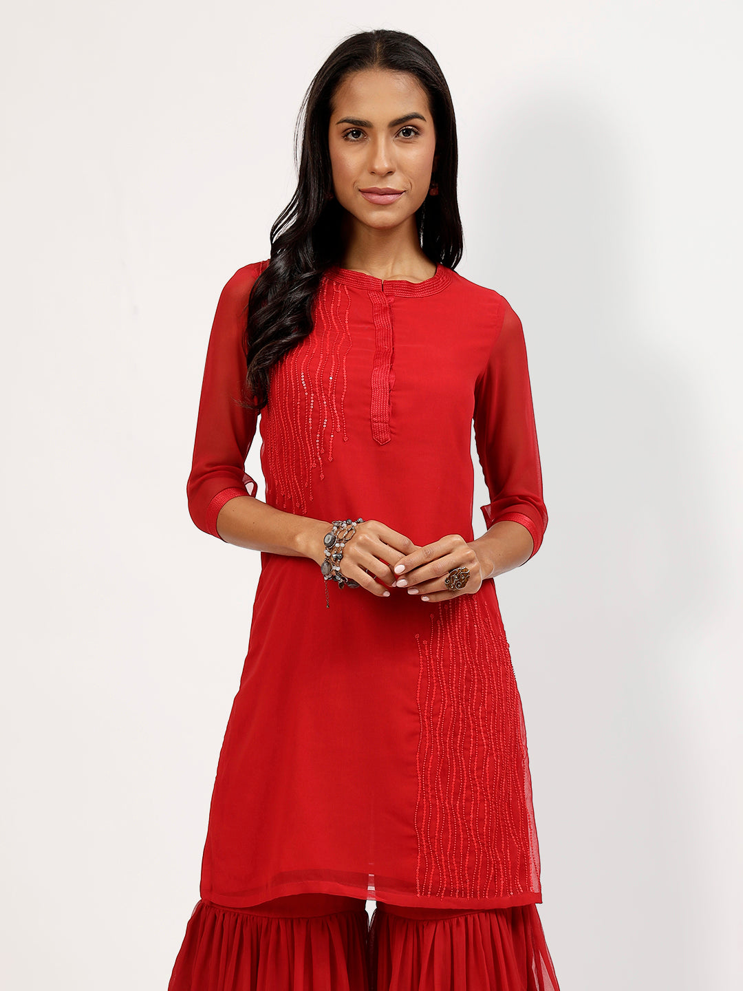Red Georgette Kurti With Asymmetrical Lines Embroidery