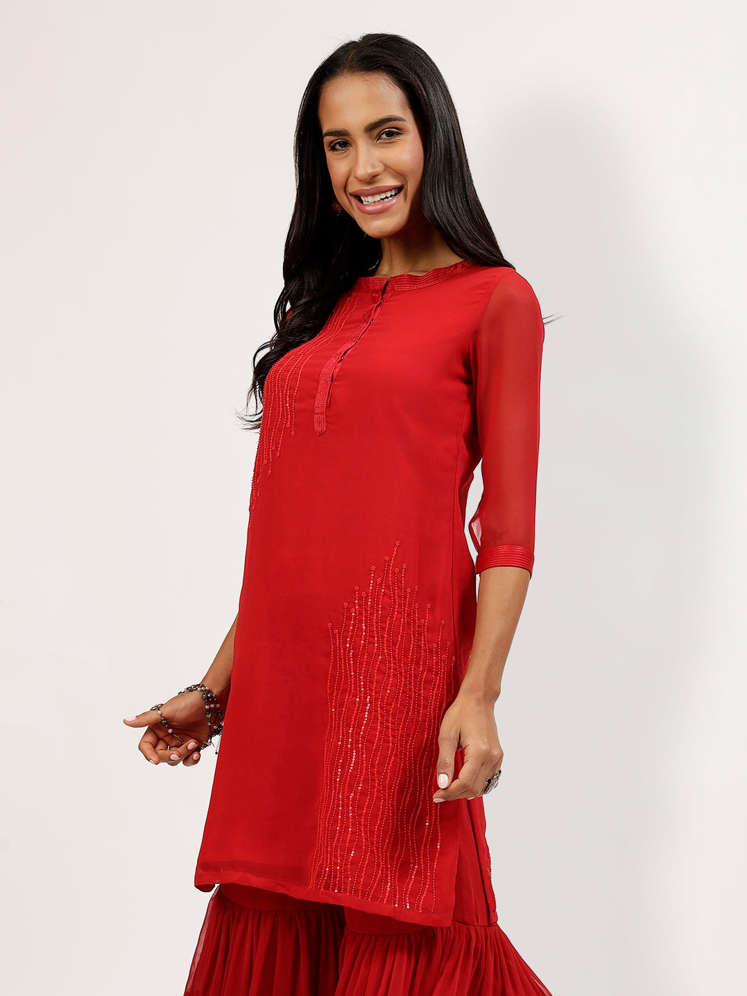 Red Georgette Kurti With Asymmetrical Lines Embroidery