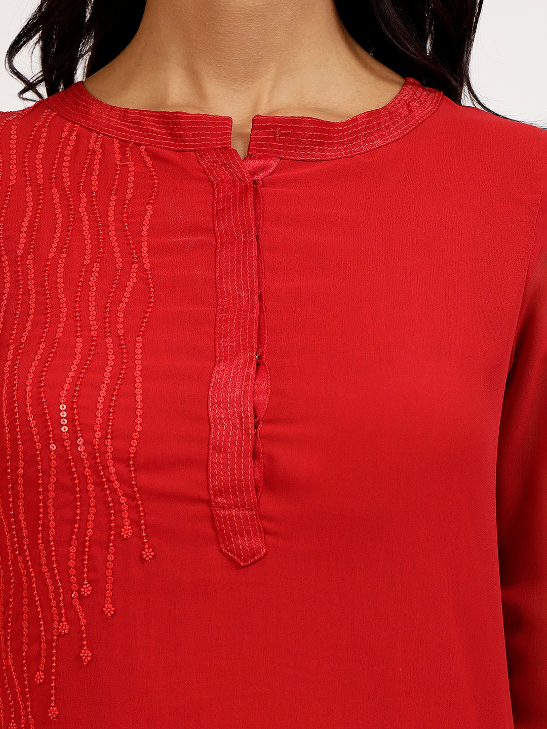 Red Georgette Kurti With Asymmetrical Lines Embroidery