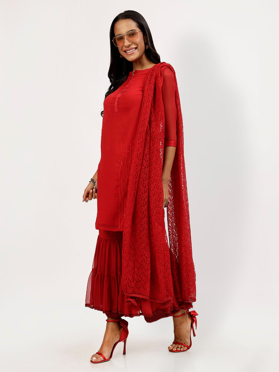 Red Flower Net Duppatta
