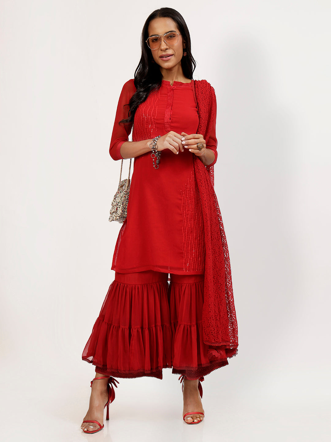 Red Georgette Kurti With Asymmetrical Lines Embroidery