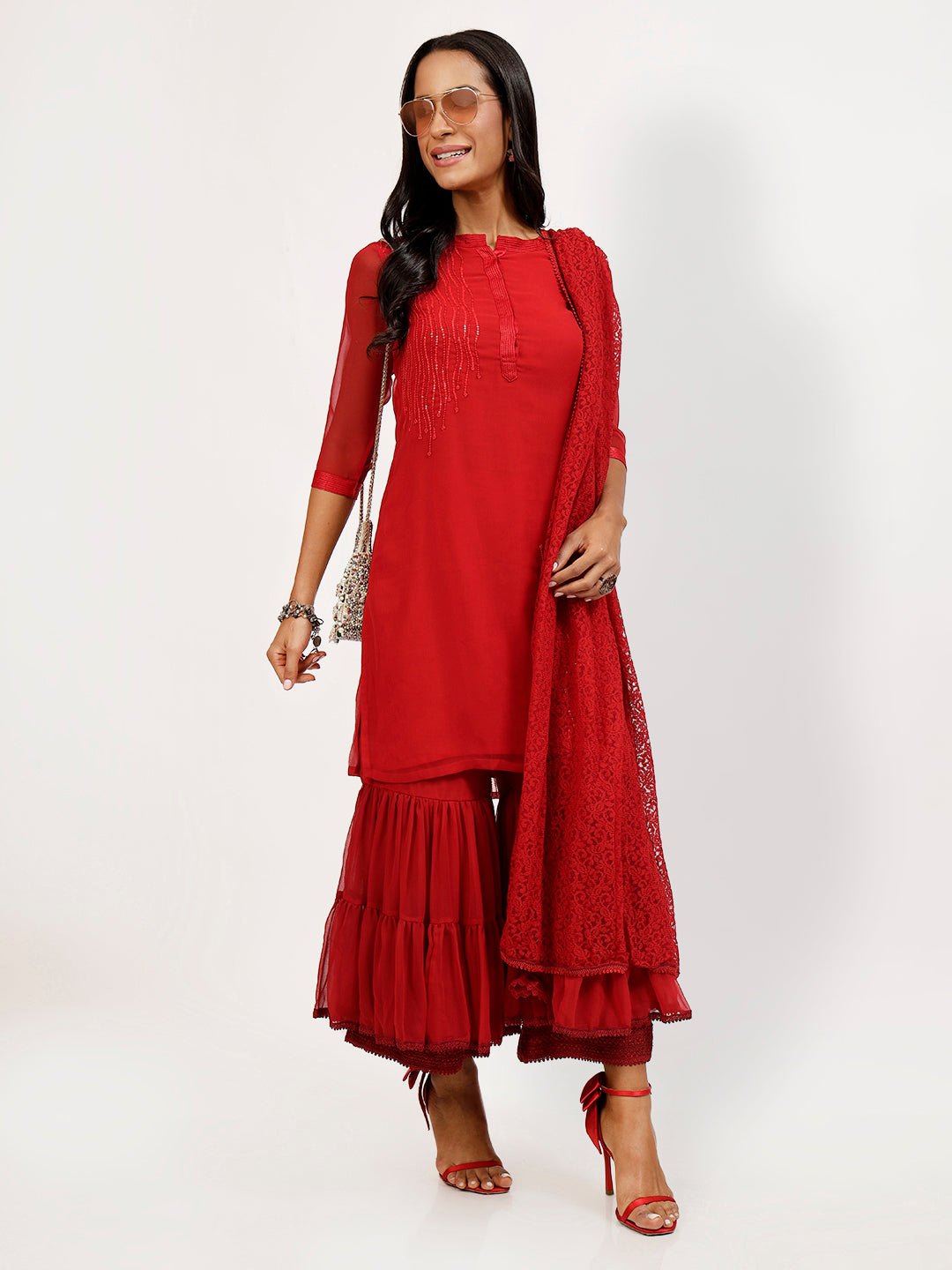 Red Flower Net Duppatta