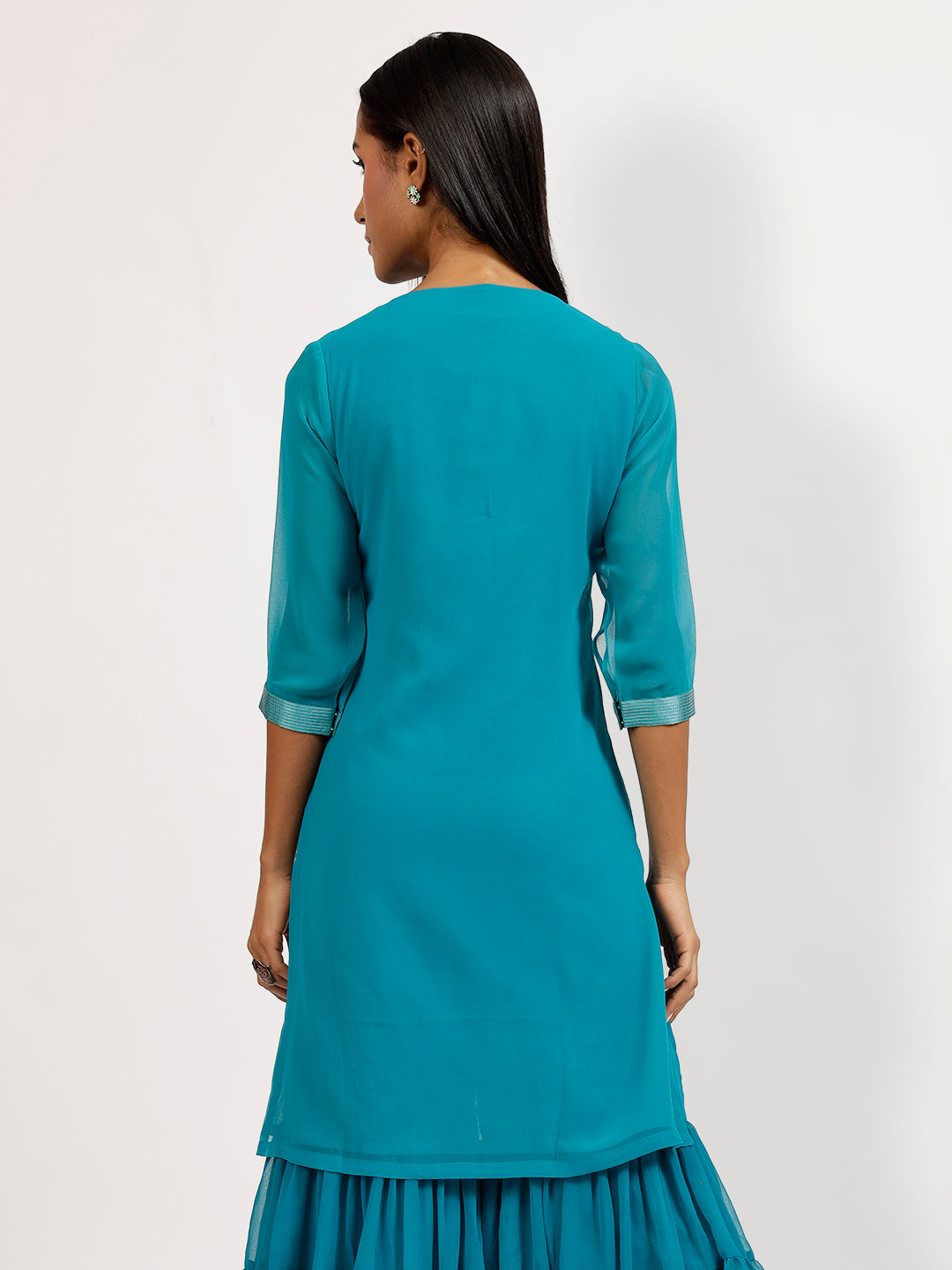 Turquoise Georgette Kurti With Bird Embroidery