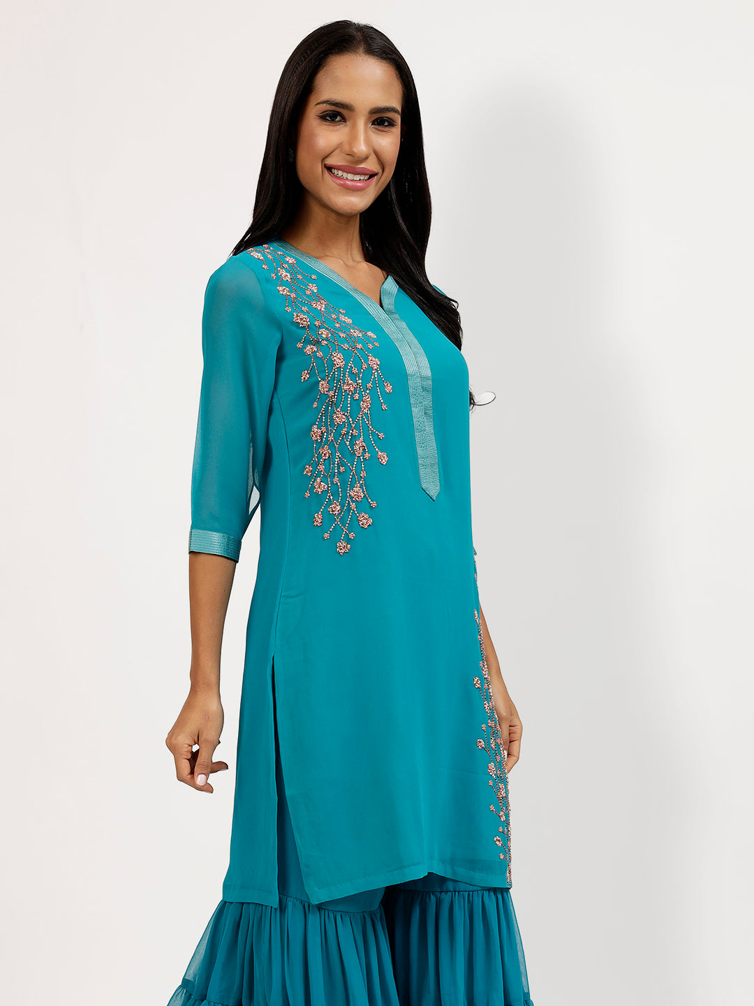 Turquoise Georgette Kurti With Bird Embroidery